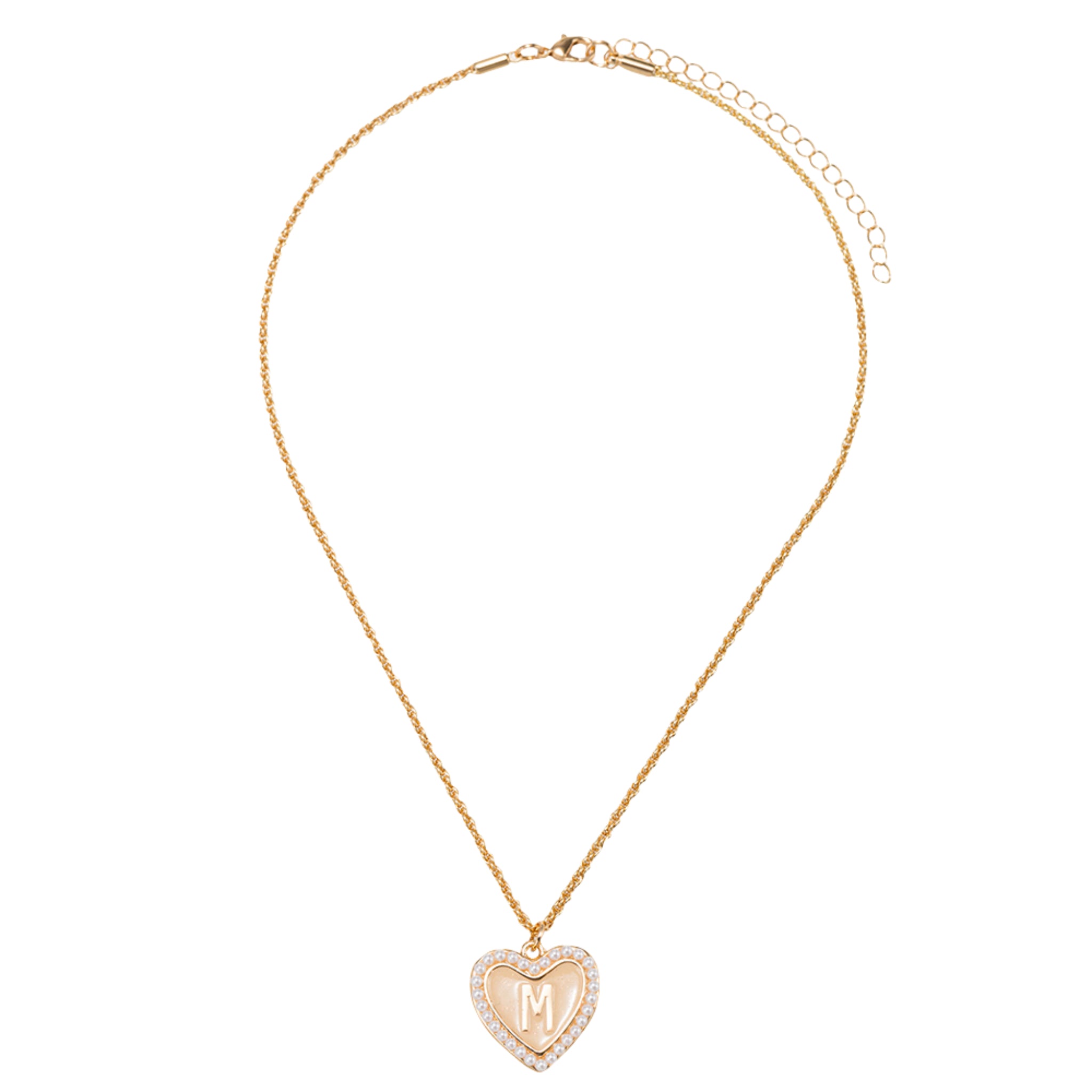 Kids Pearl Edged, Double Sided Heart with One Side Gold Bow, One Side Initial "M" Rope Necklace