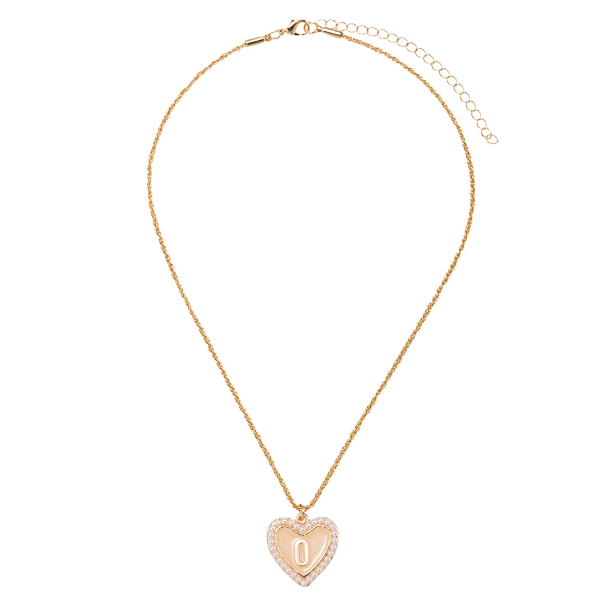 Kids Pearl Edged, Double Sided Heart with One Side Gold Bow, One Side Initial "O" Rope Necklace
