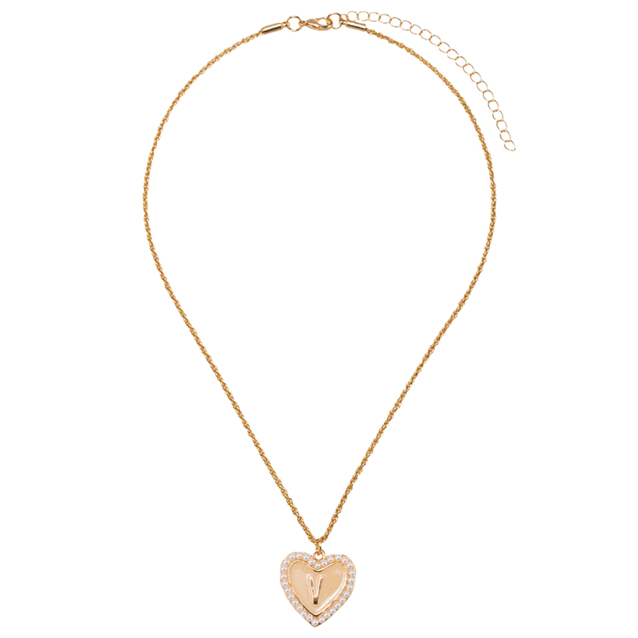 Kids Pearl Edged, Double Sided Heart with One Side Gold Bow, One Side Initial "V" Rope Necklace