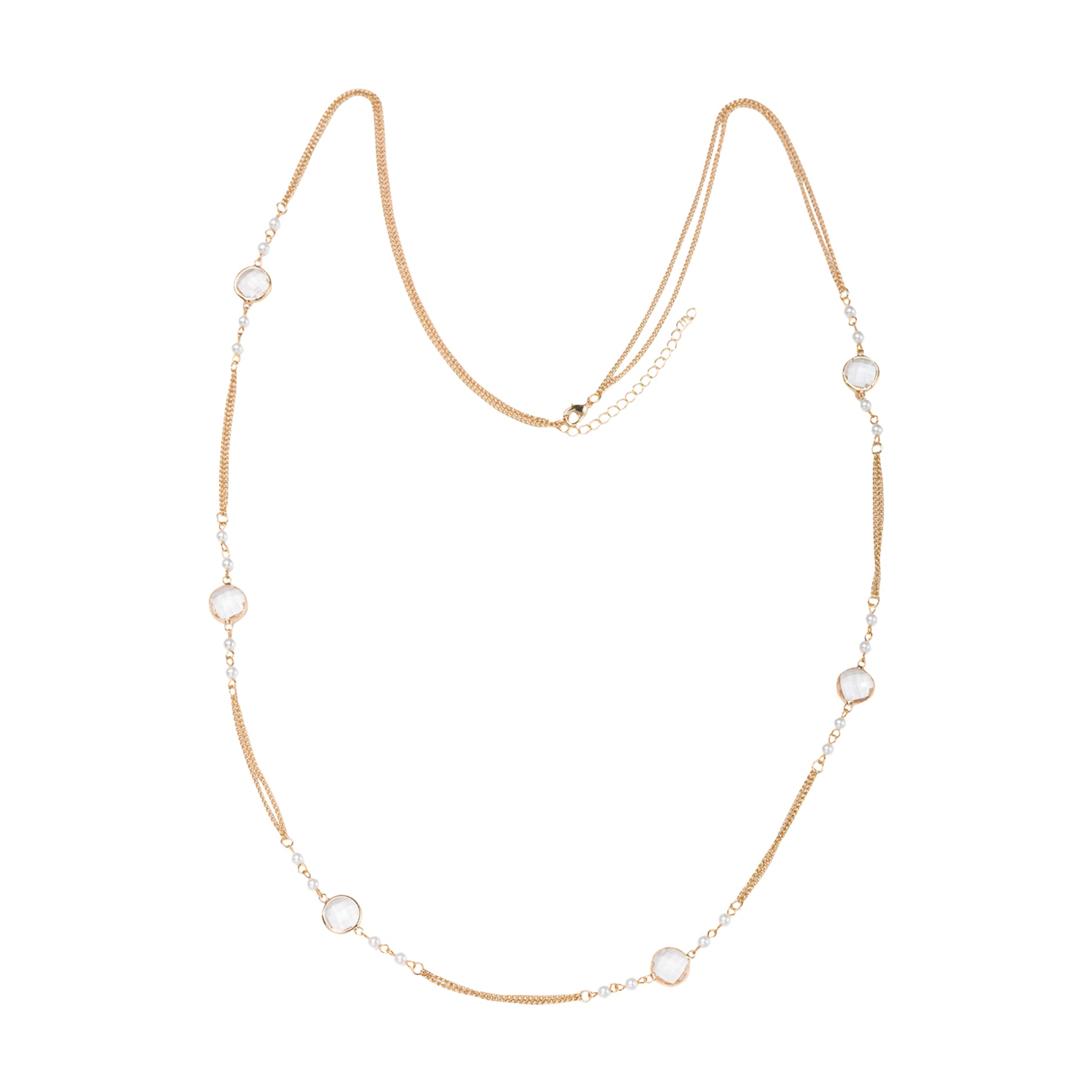 Gold Double Chain Pearl Accents, Crystal Stations Necklace