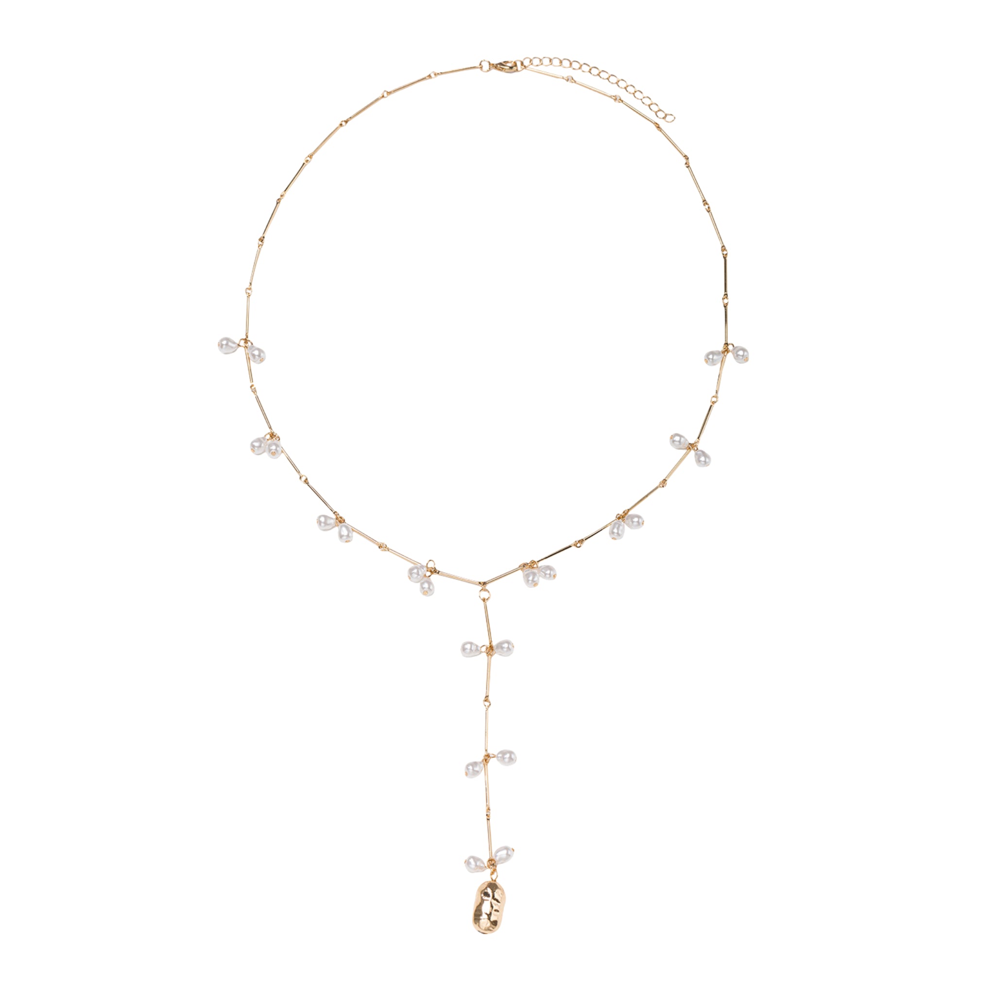 Gold Bar Chain Necklace with Hammered Weight Pearl Fringe, 4" Drop