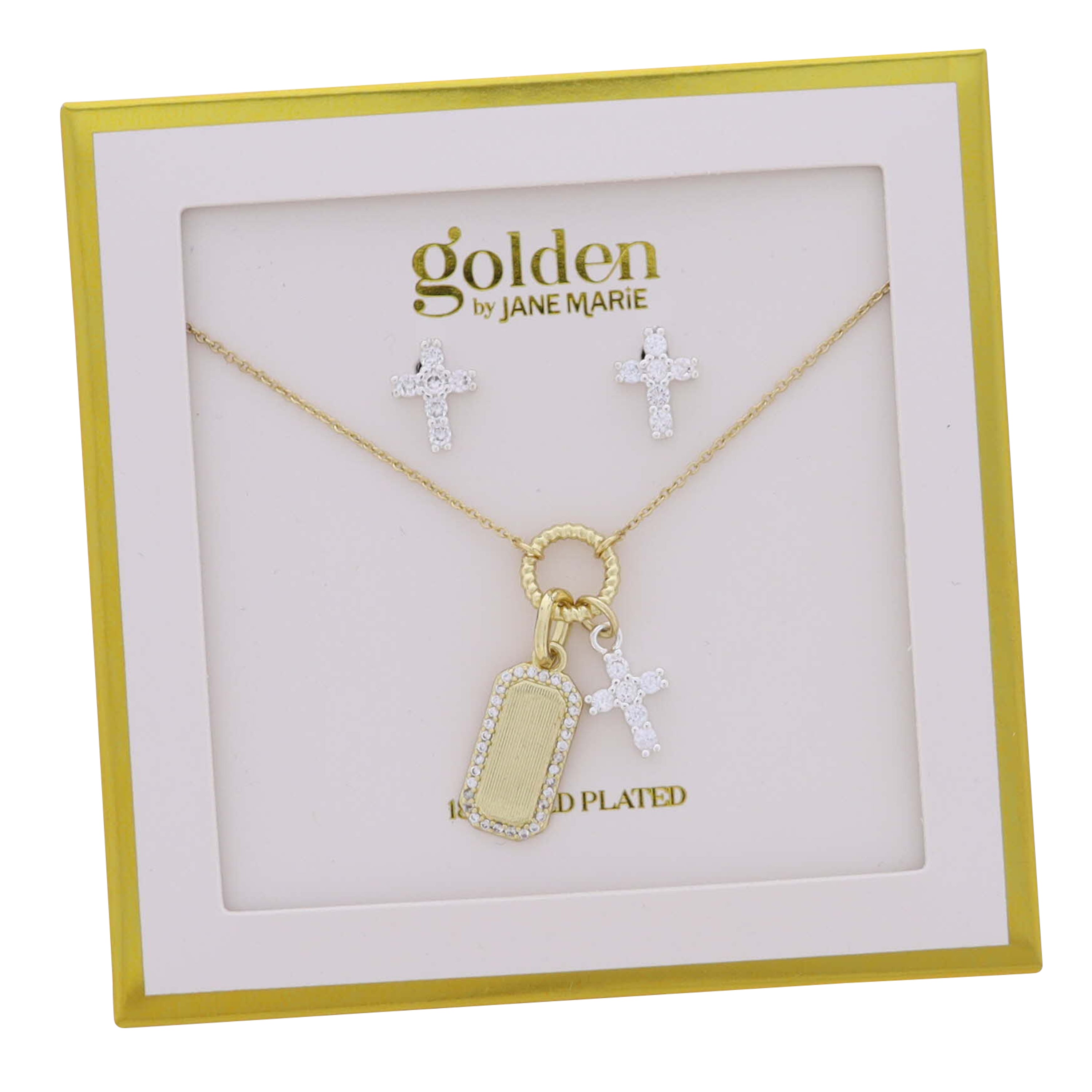 18K Gold Plated Rolo Chain Necklace Rectangle with Crystal Edges, Silver Crystal Cross Charms