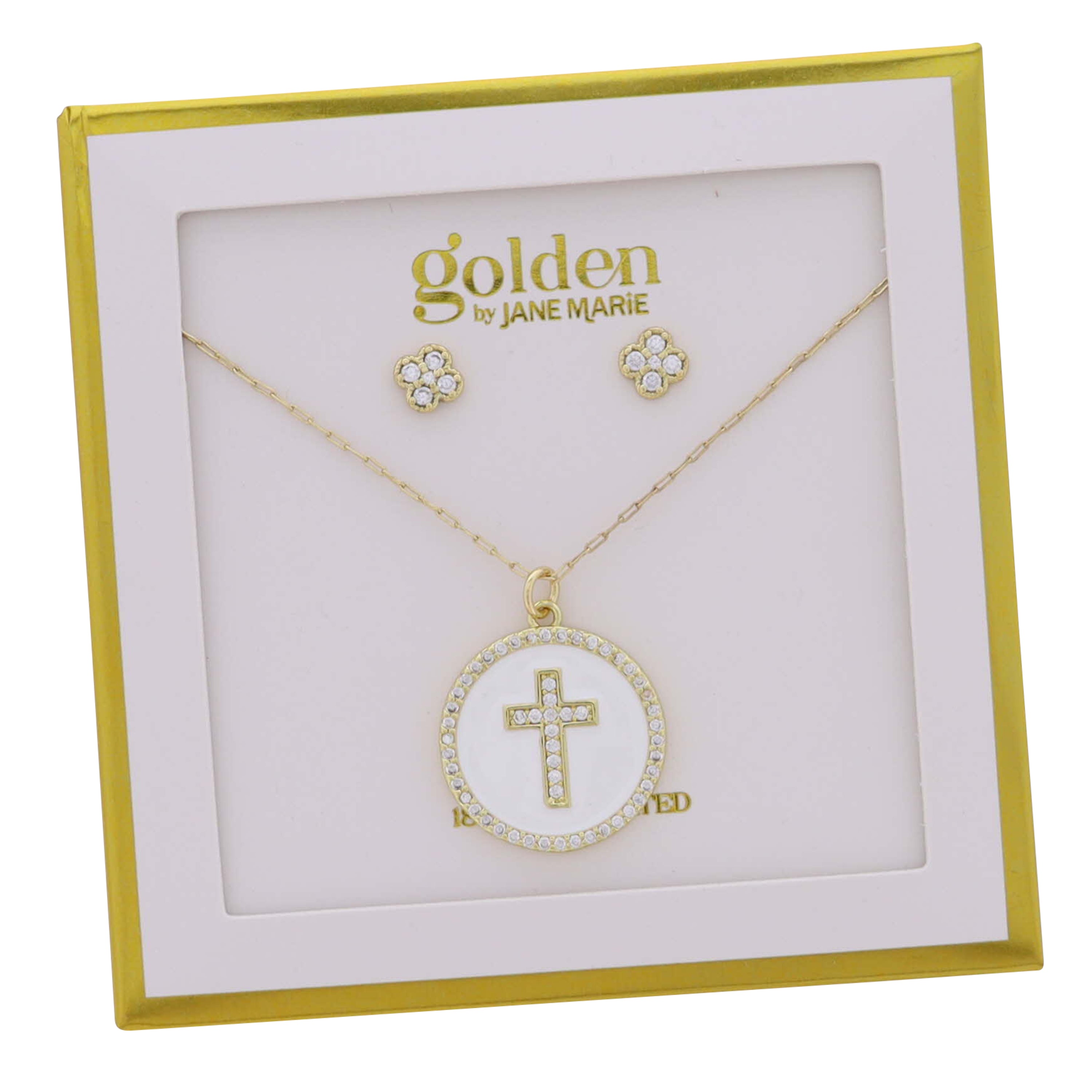 18K Gold Plated Cable Chain Necklace White Circle With Crystal Center Cross, Crystal Edges & Studs