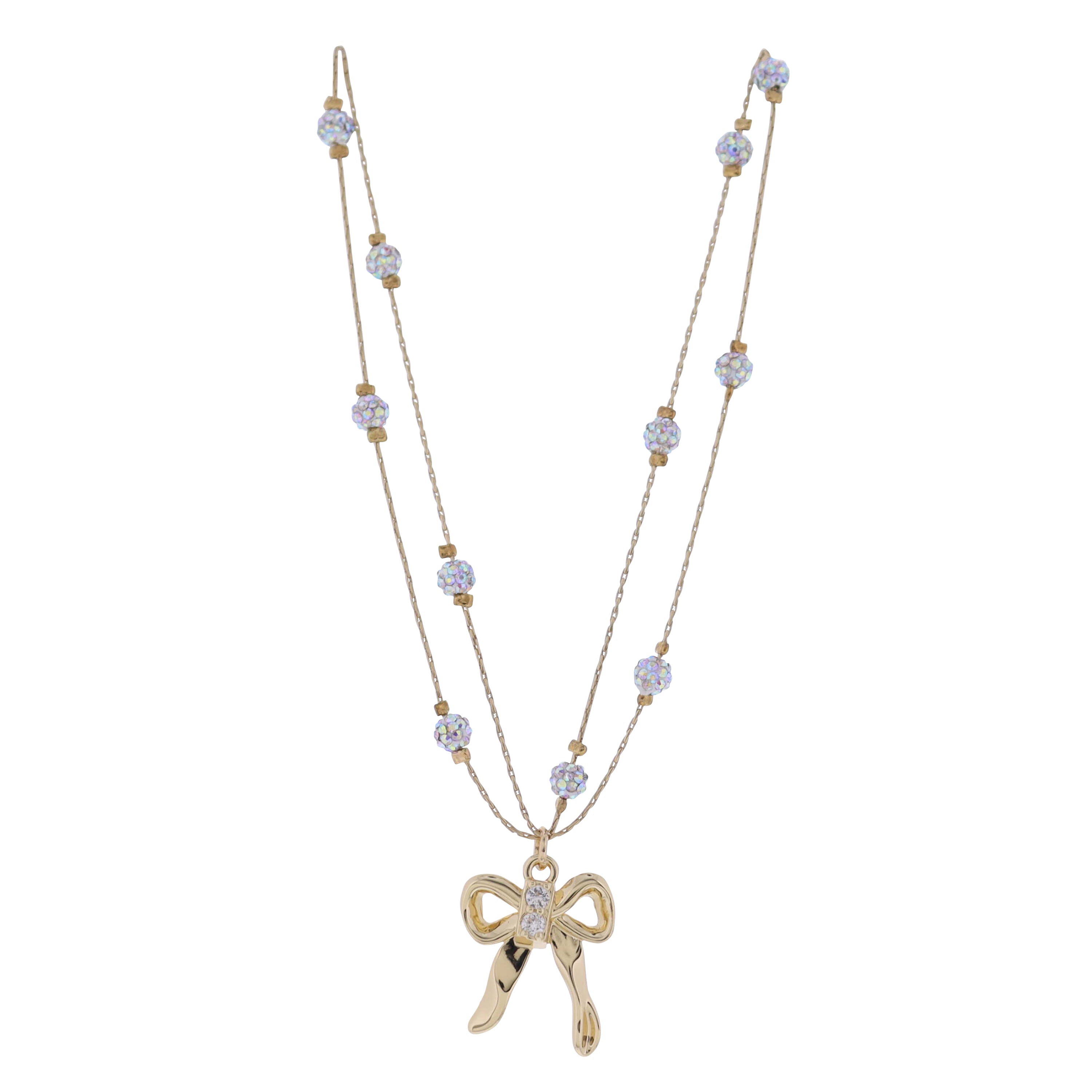 Kids White, AB Pave Crystal Disco Ball Beads, 2 Layer Necklace with Gold Bow