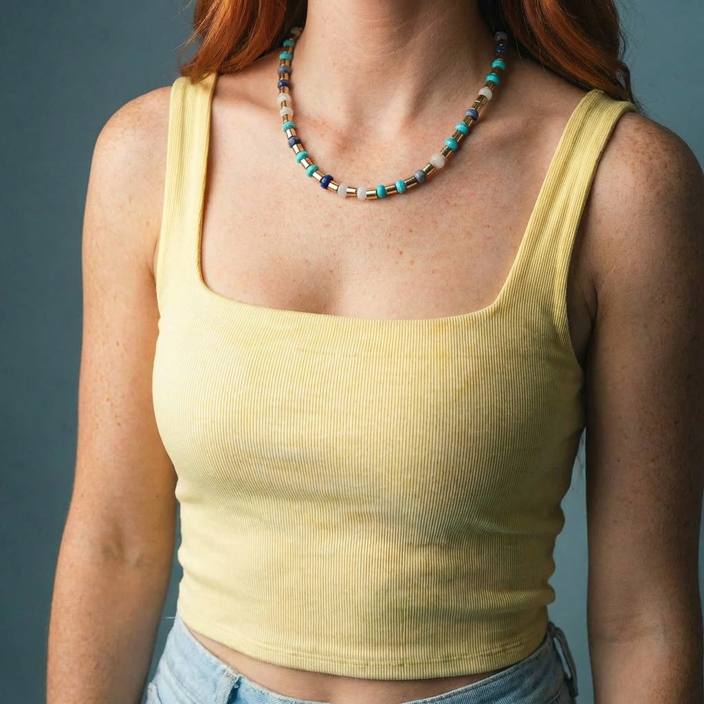 Navy, Turquoise, Clear Beaded Necklace with Gold Tube Spacers