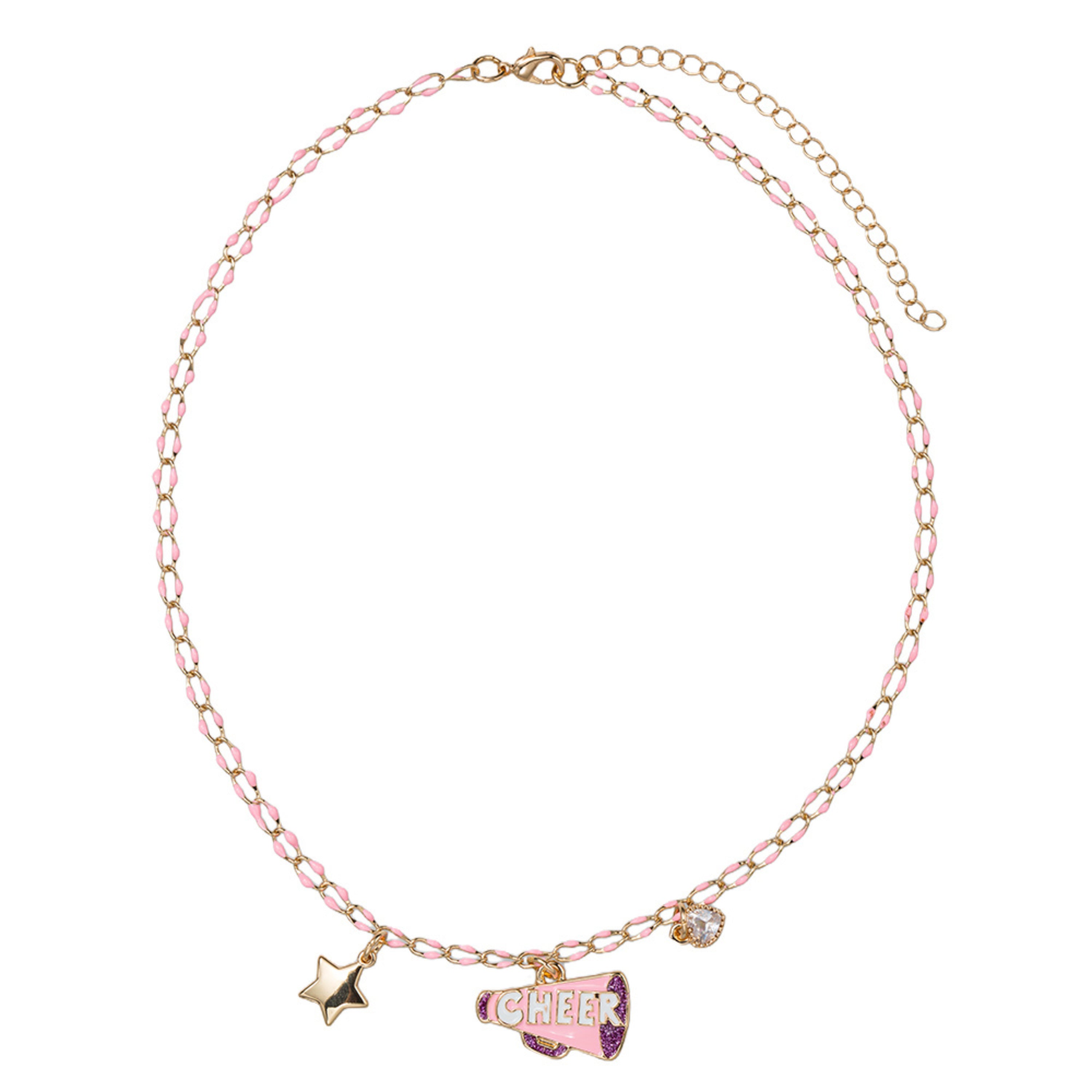 Kids Pink, Gold Enamel Chain Necklace with "Cheer" Megaphone, Star, Crystal Heart