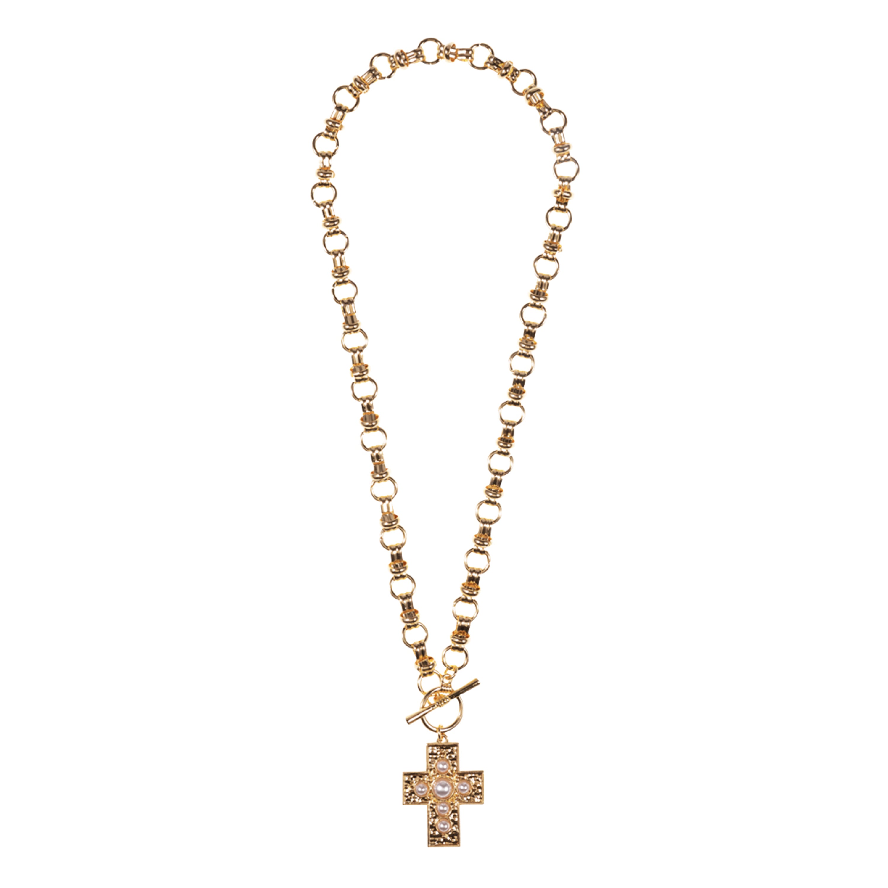 Gold Decorative Round Cable Chain Necklace with Gold Cross with Pearls