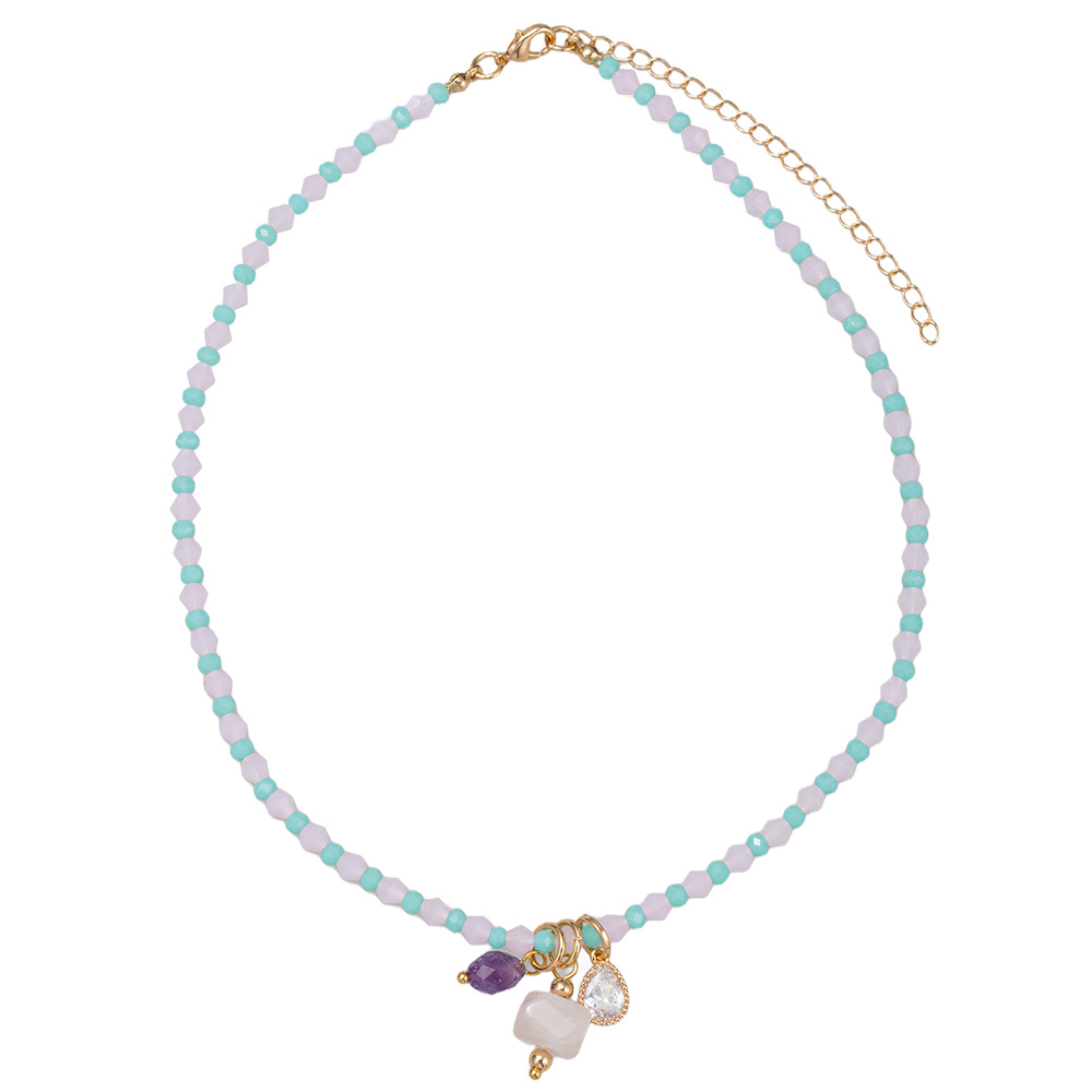 Kids Mint, Pale Pink Faceted Beaded Necklace with Purple, Pink, Clear Stone Cluster