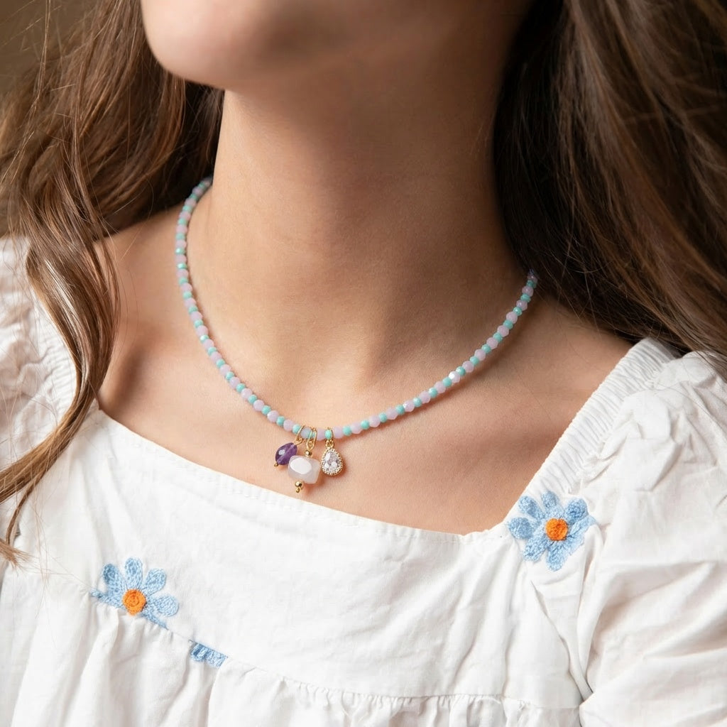 Kids Mint, Pale Pink Faceted Beaded Necklace with Purple, Pink, Clear Stone Cluster