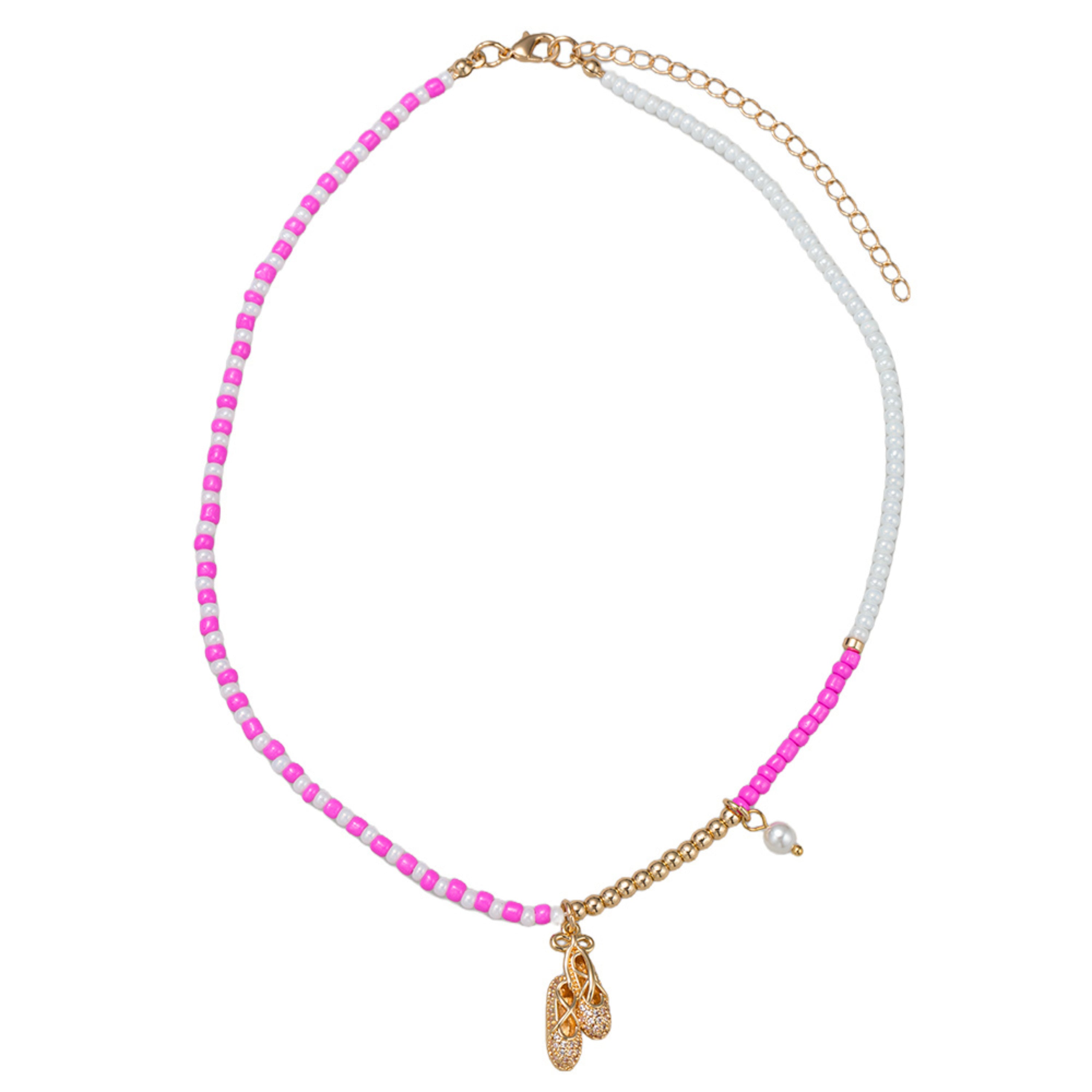 Kids Hot Pink, Pearl, Gold Seed Bead Beaded Necklace with Gold Ballet Slipper