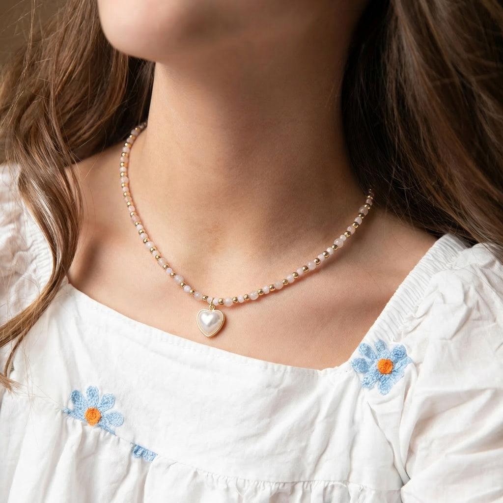 Kids Light Pink, Gold Stone Beaded Necklace with Pearl Heart