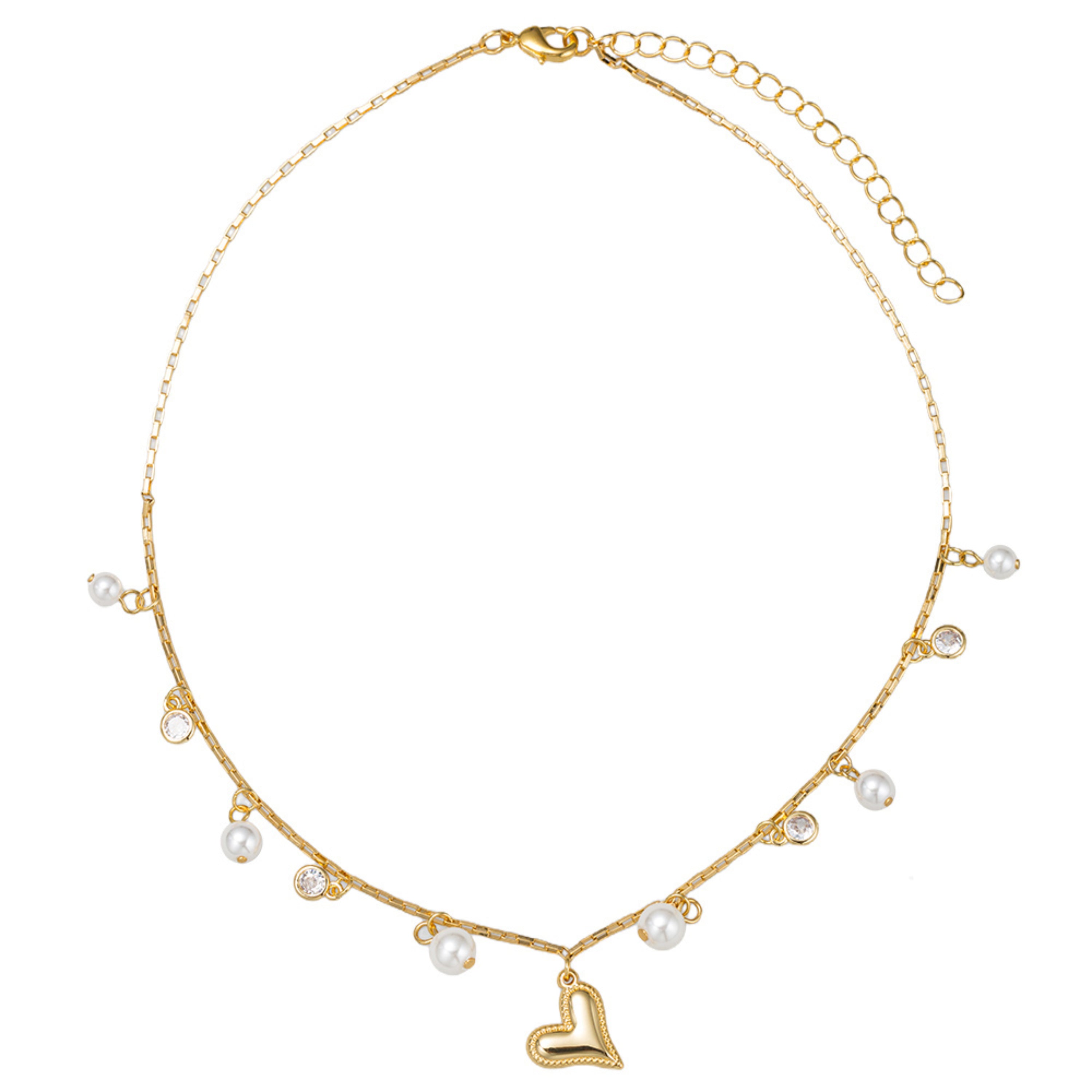 18K Gold Plated Longbox Chain Necklace with Pearl & Crystal Charms and Gold Heart