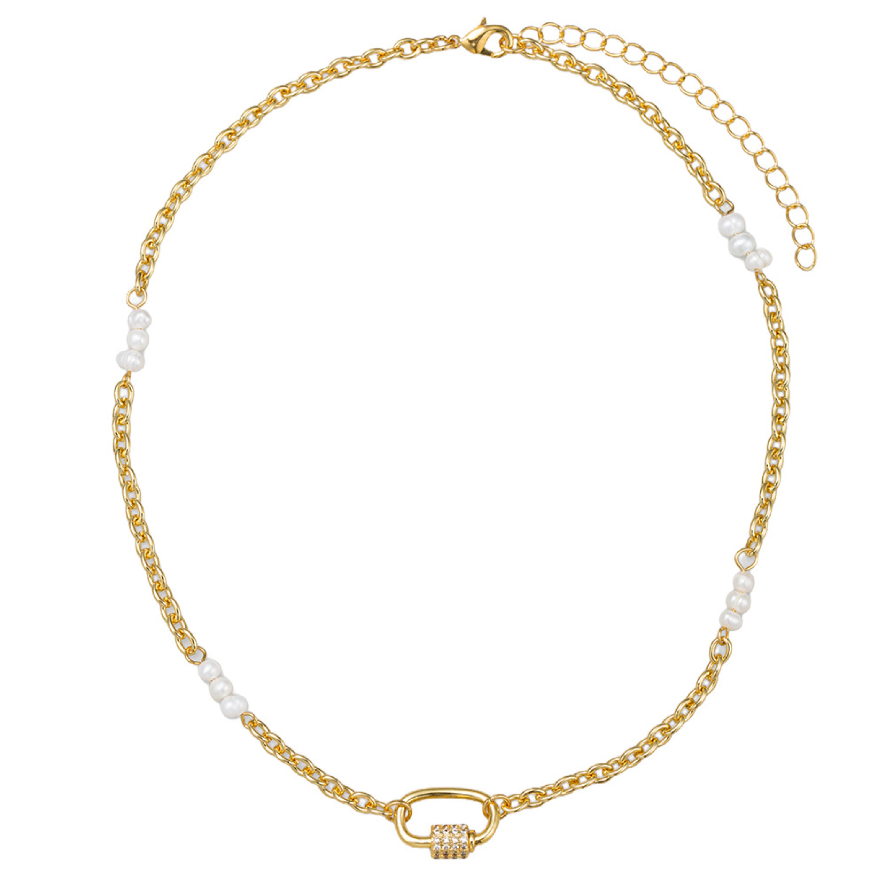 18K Gold Plated Crosslink Chain Necklace with Three Pearl Stations and Gold Carabiner