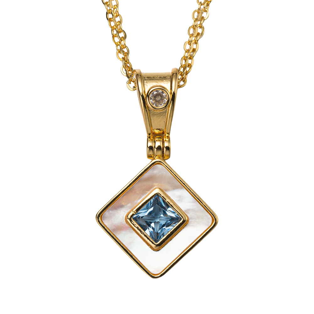 18k Gold Plated Double Chain Necklace with "March" Aquamarine Pendant