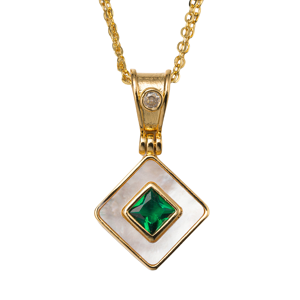 18k Gold Plated Double Chain Necklace with "May" Emerald Pendant