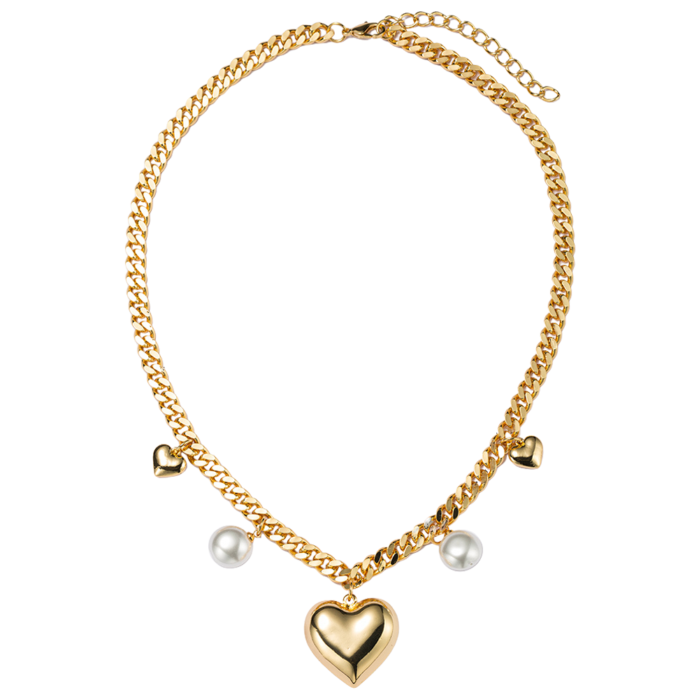 18k Gold Plated Pressed Dense Chain Necklace with Hearts, Pearls Charms