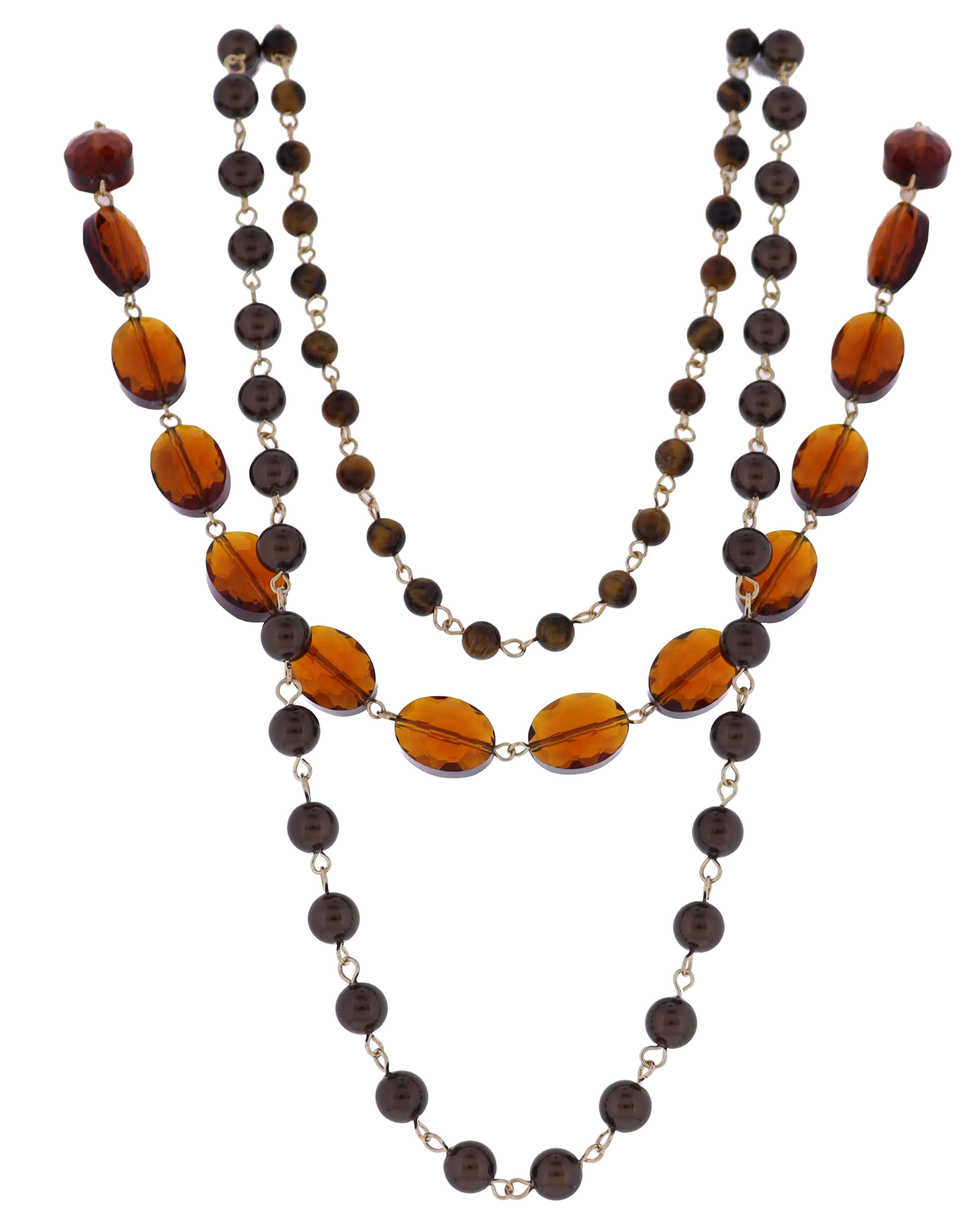 3 Strand Tigers Eye, Bronze, Amber Semi Precious & Faceted Beaded Necklace