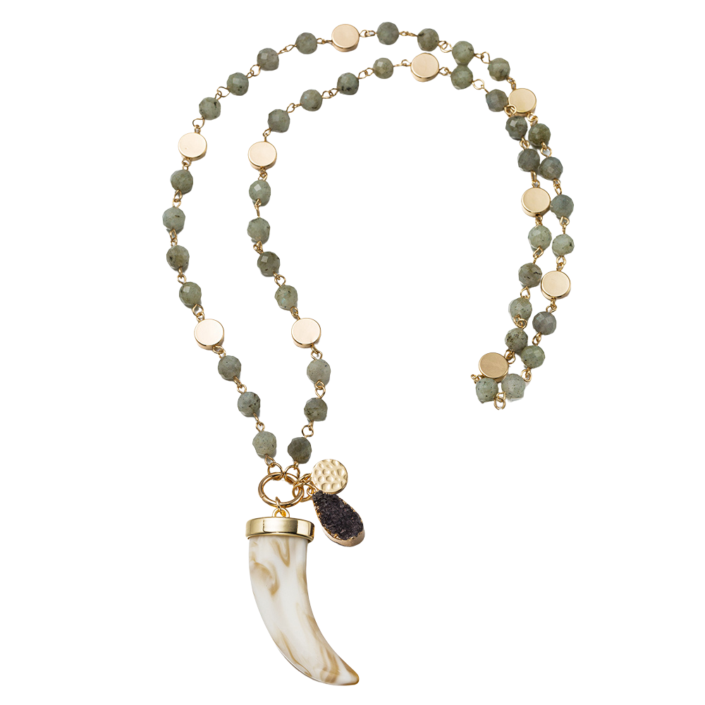 Kiwi Semi Precious Beaded Link Necklace with White Horn & Grey Druzy