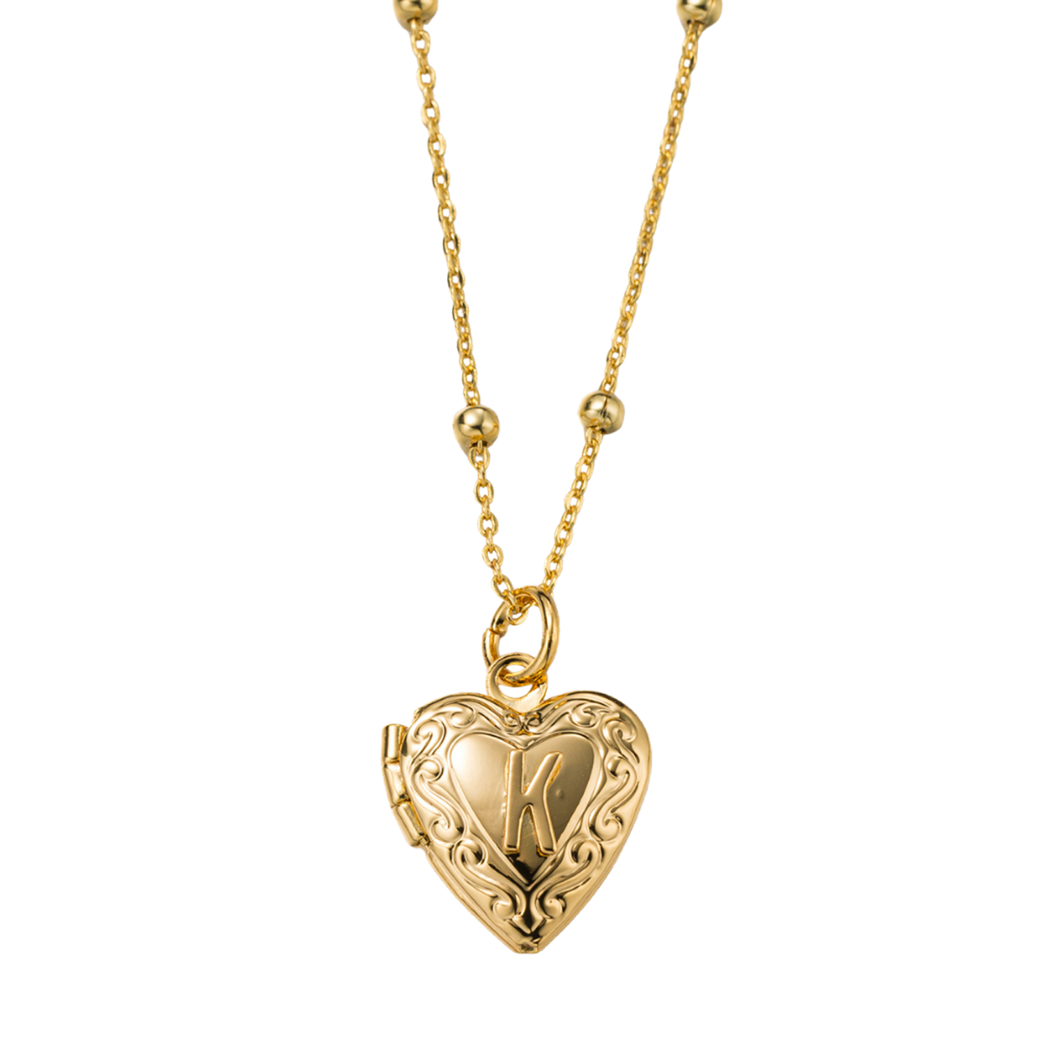 Kids 18k Gold Plated Ball Station Chain Necklace with Initial K Gold Heart Locket