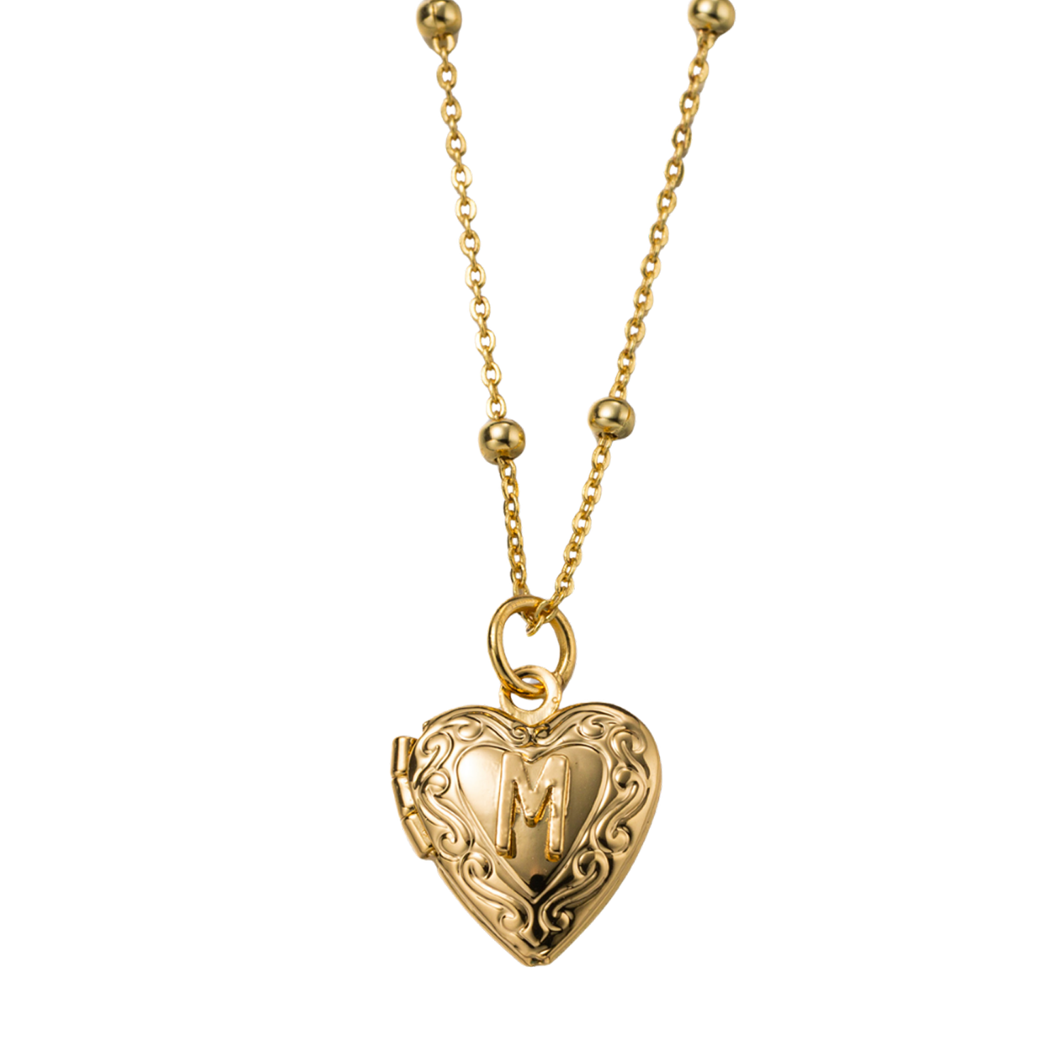 Kids 18k Gold Plated Ball Station Chain Necklace with Initial M Gold Heart Locket