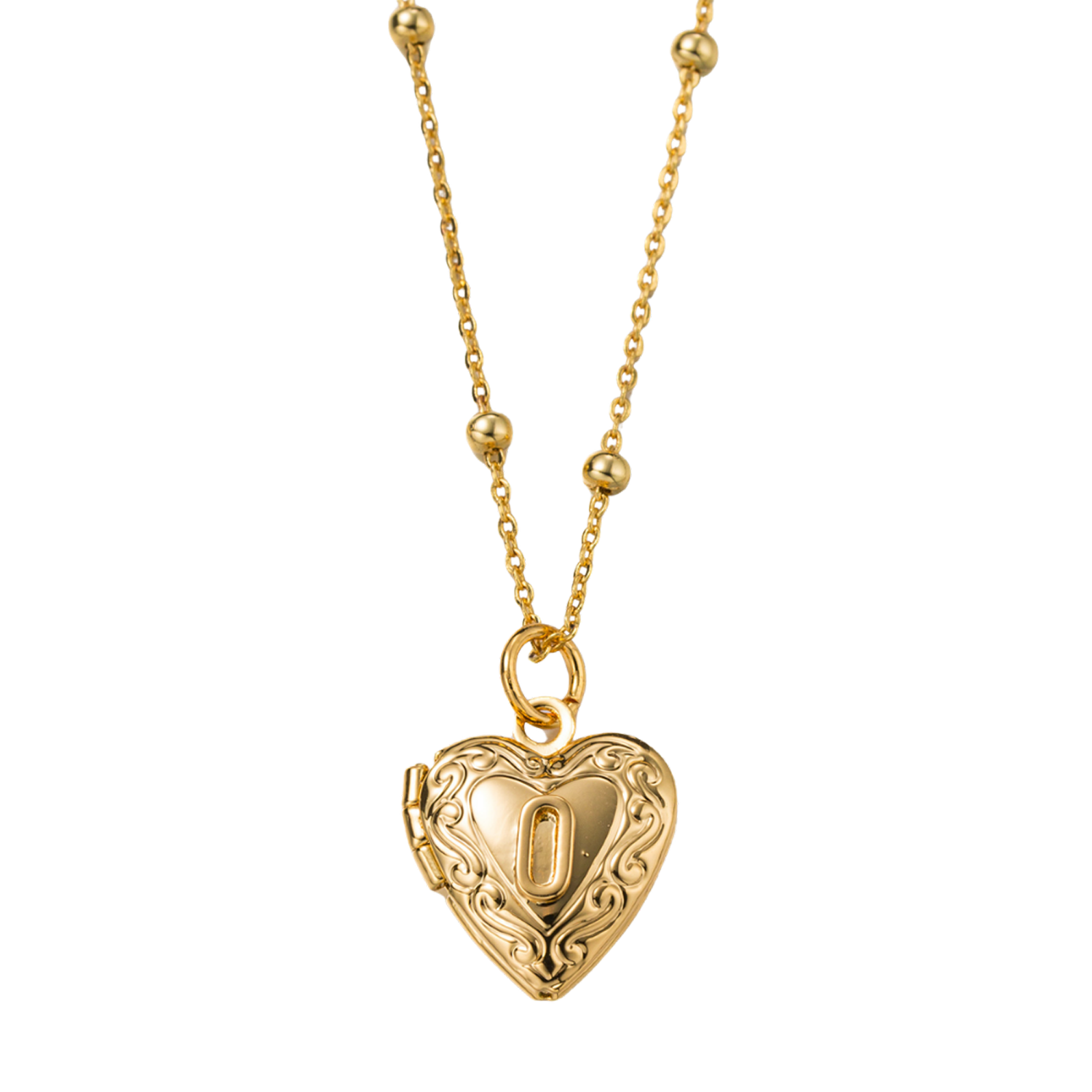Kids 18k Gold Plated Ball Station Chain Necklace with Initial O Gold Heart Locket