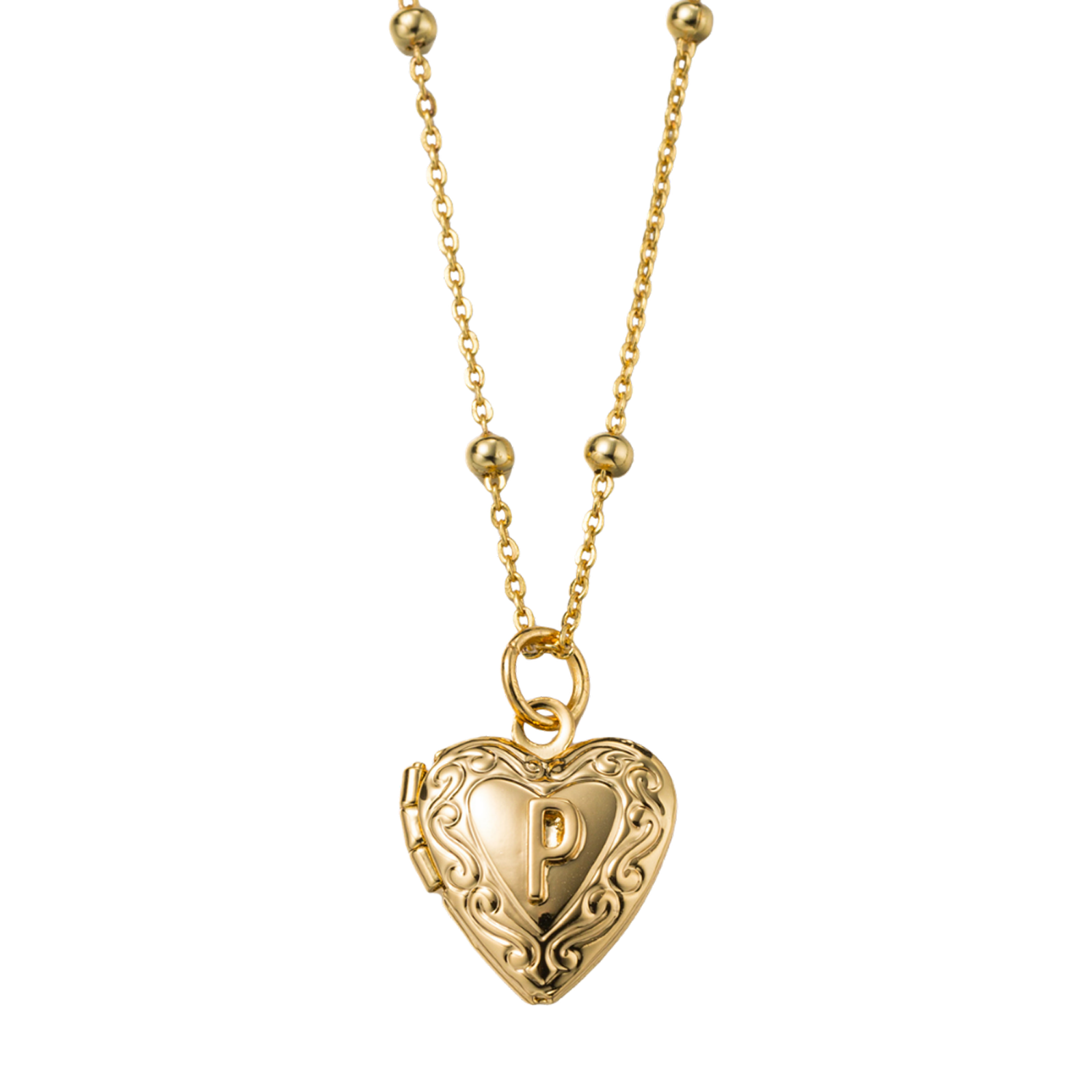 Kids 18k Gold Plated Ball Station Chain Necklace with Initial P Gold Heart Locket