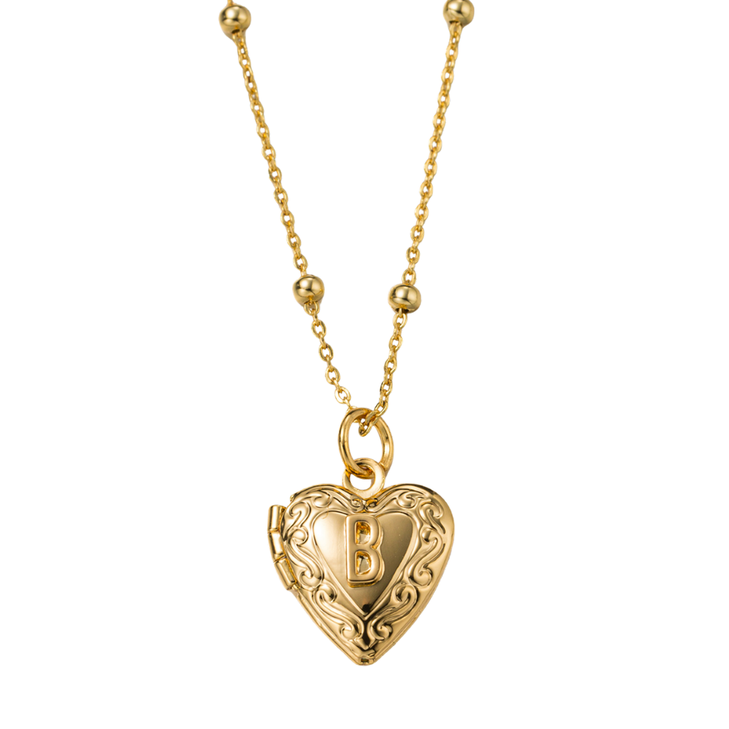 Kids 18k Gold Plated Ball Station Chain Necklace with Initial B Gold Heart Locket