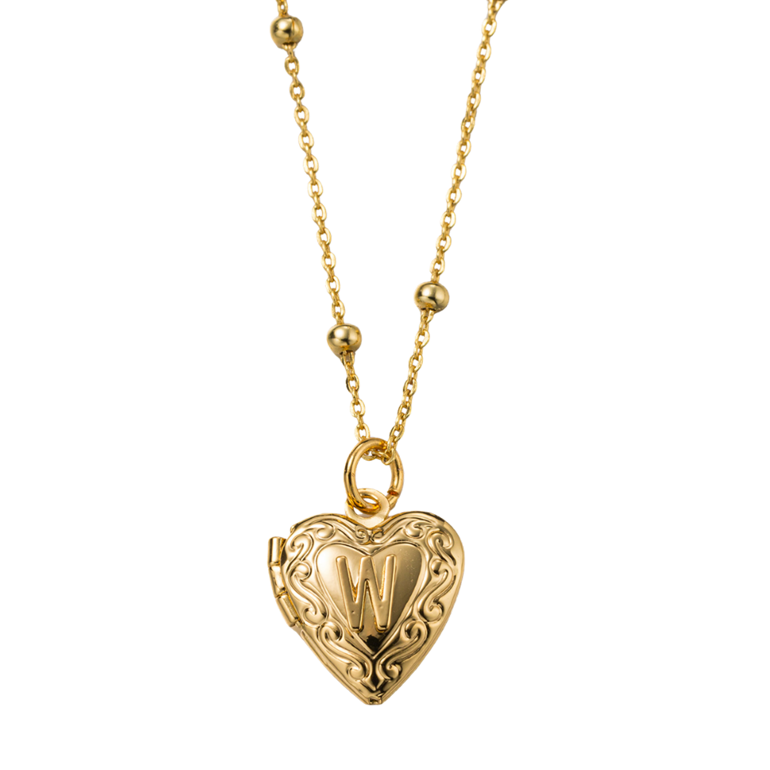 Kids 18k Gold Plated Ball Station Chain Necklace with Initial W Gold Heart Locket