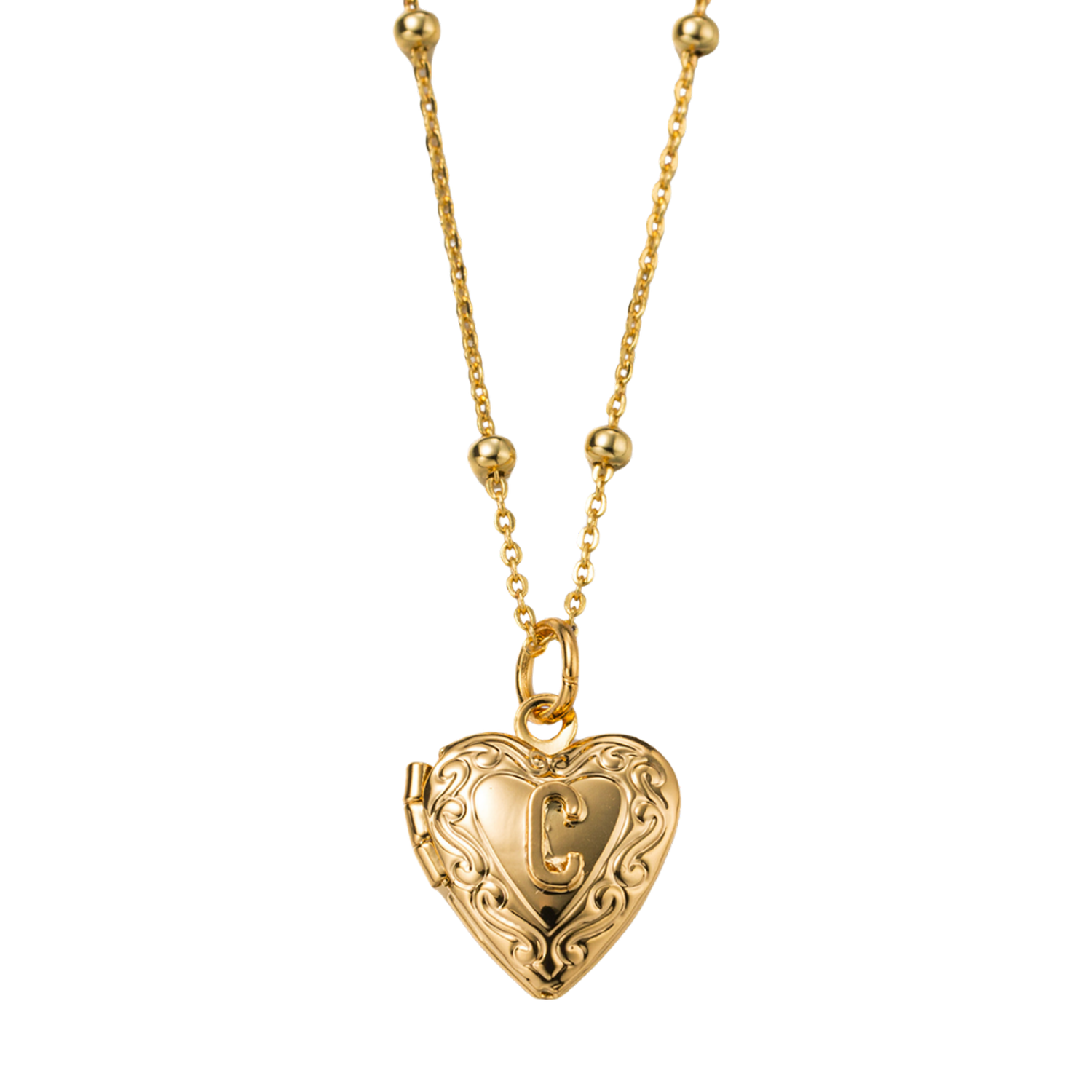 Kids 18k Gold Plated Ball Station Chain Necklace with Initial C Gold Heart Locket