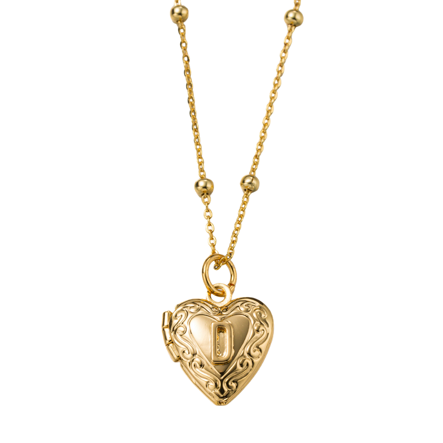 Kids 18k Gold Plated Ball Station Chain Necklace with Initial D Gold Heart Locket