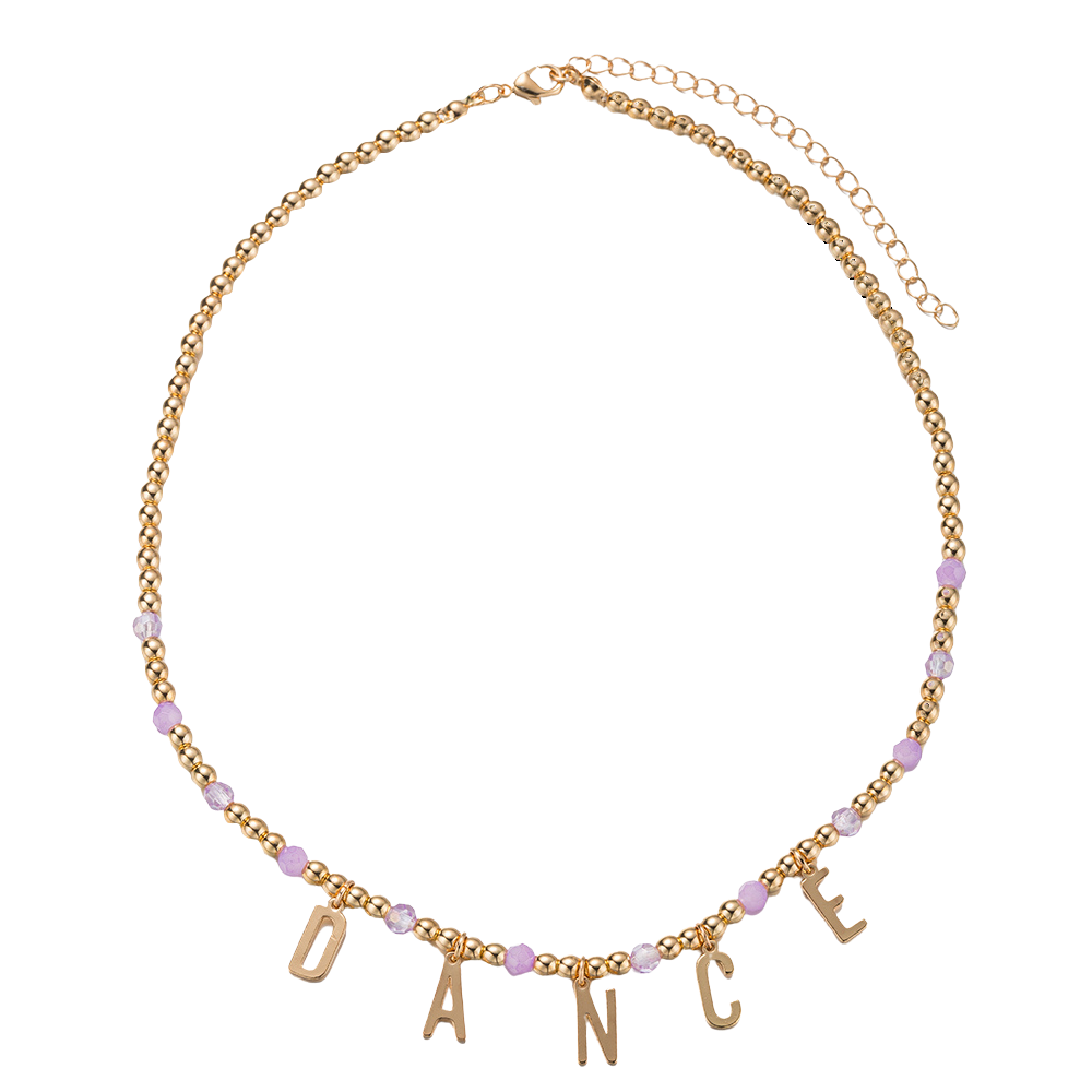 Kids Gold Beaded Necklace with Lavender Accent Beads and Gold "DANCE"