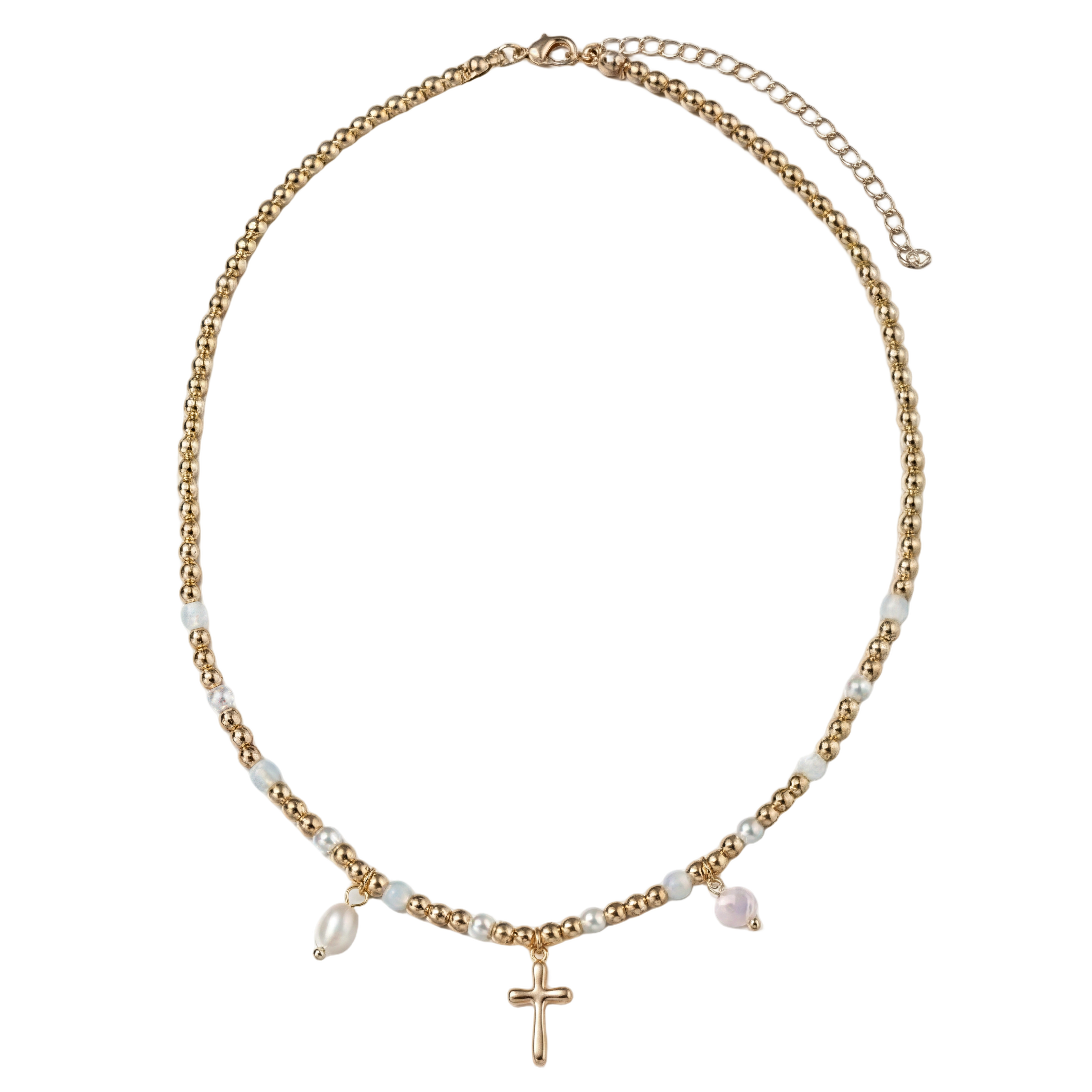 Kids Gold Beaded Necklace with Pearl, Moonstone Accent Beads and Gold Cross