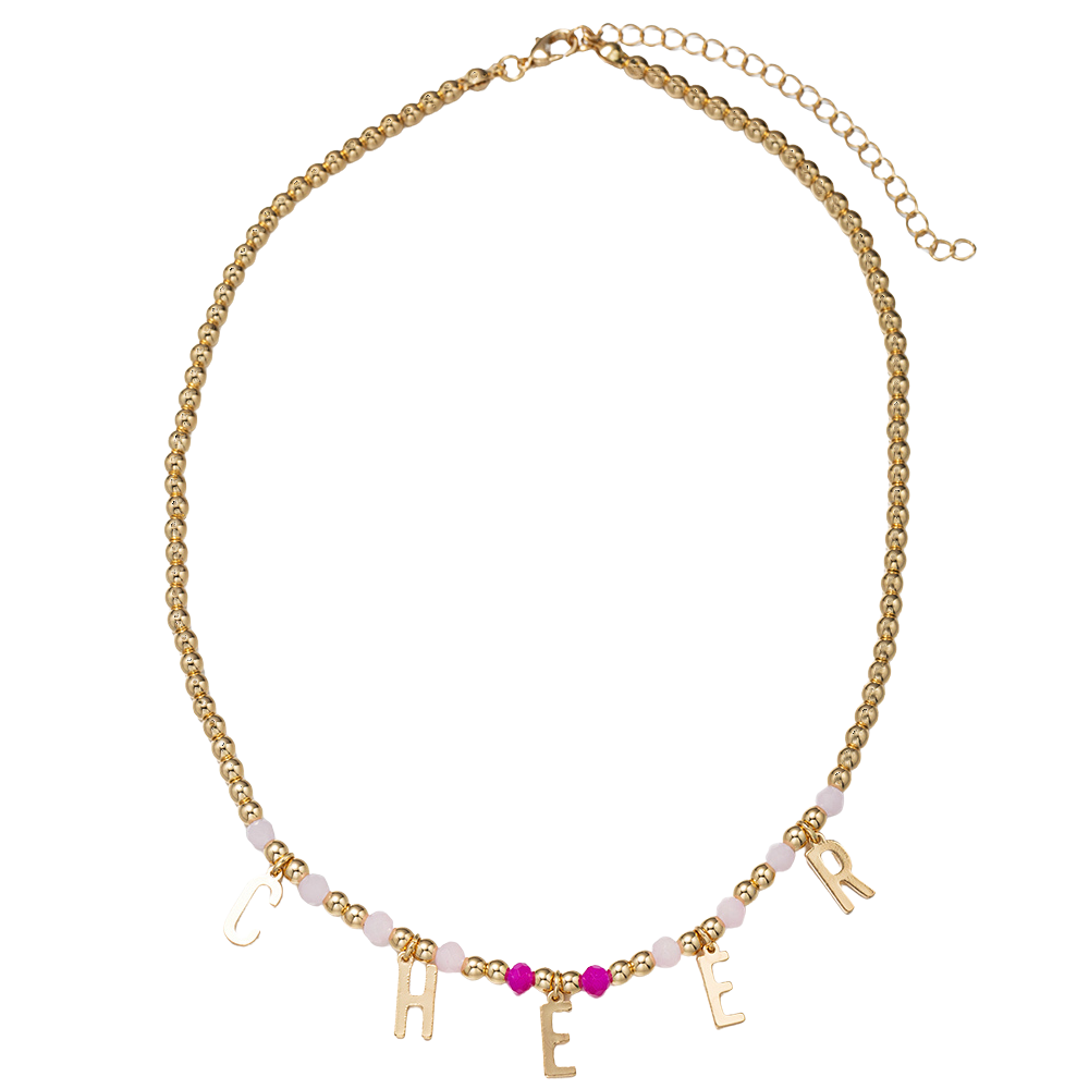 Kids Gold Beaded Necklace with Pink, Hot Pink Accent Beads and Gold "CHEER"