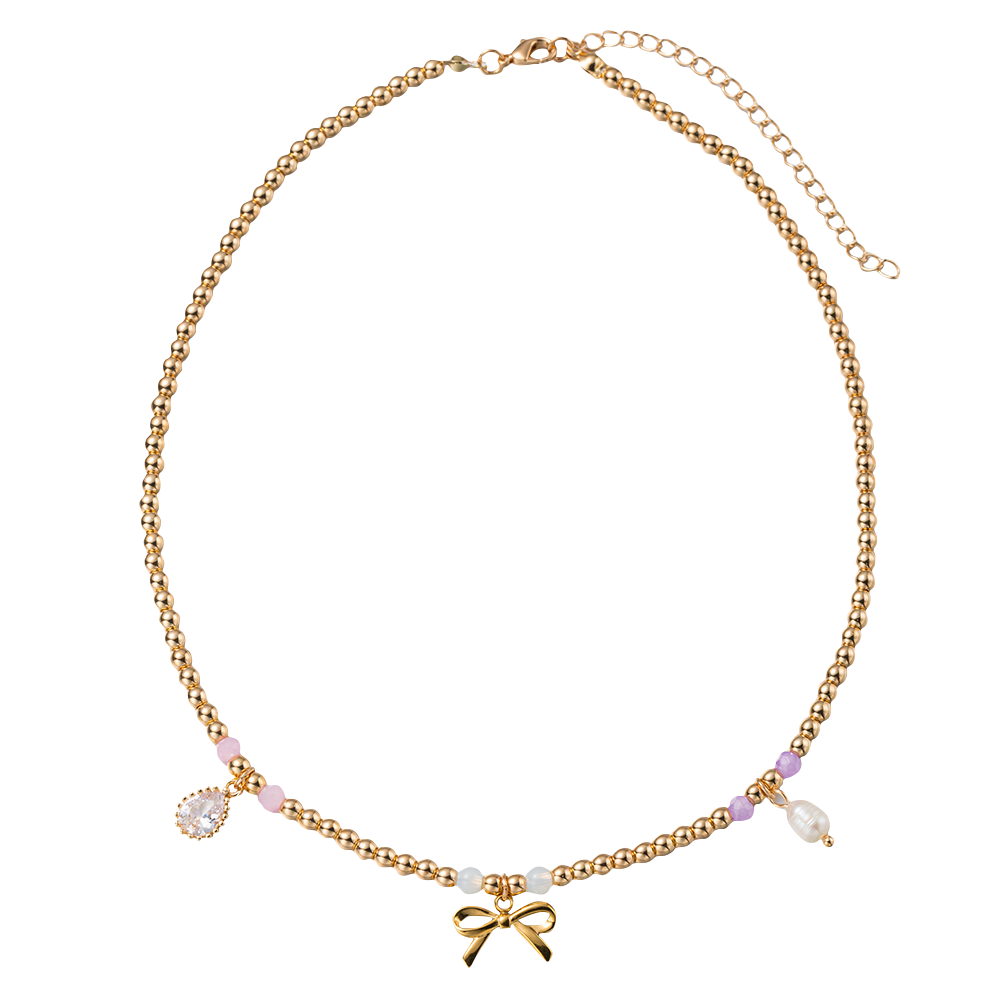 Kids Gold Beaded Necklace with Pink, Lavender, Moonstone Accent Beads and Gold Bow