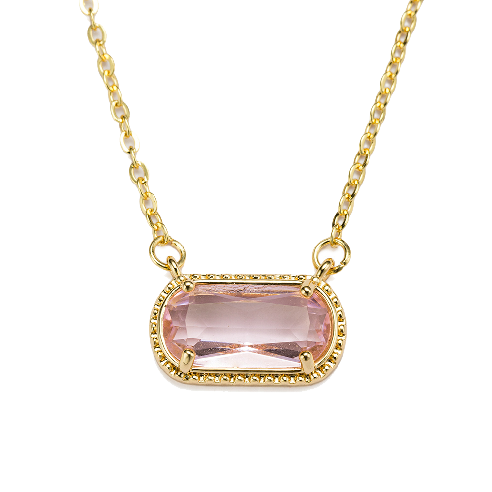 Kids 18k Gold Plated Pressed Chain Necklace with Clear Pink Rounded Rectangle Pendant