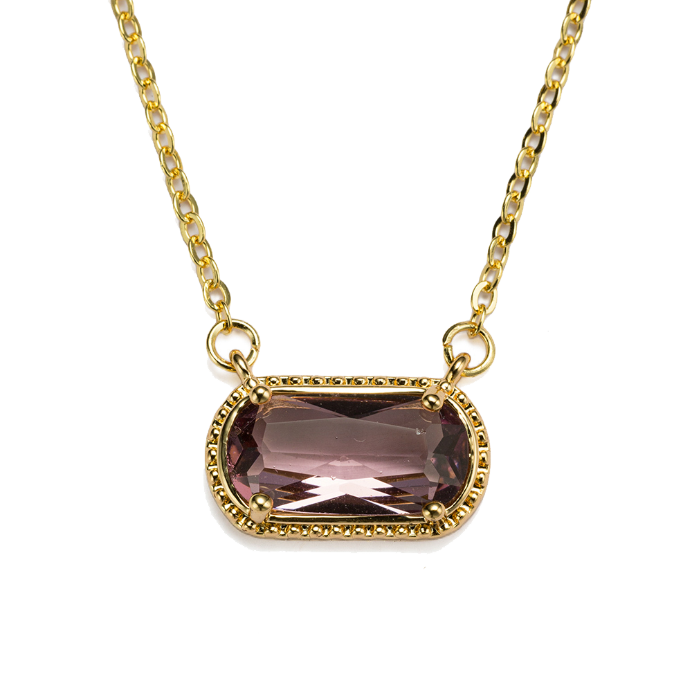 Kids 18k Gold Plated Pressed Chain Necklace with Plum Rounded Rectangle Pendant