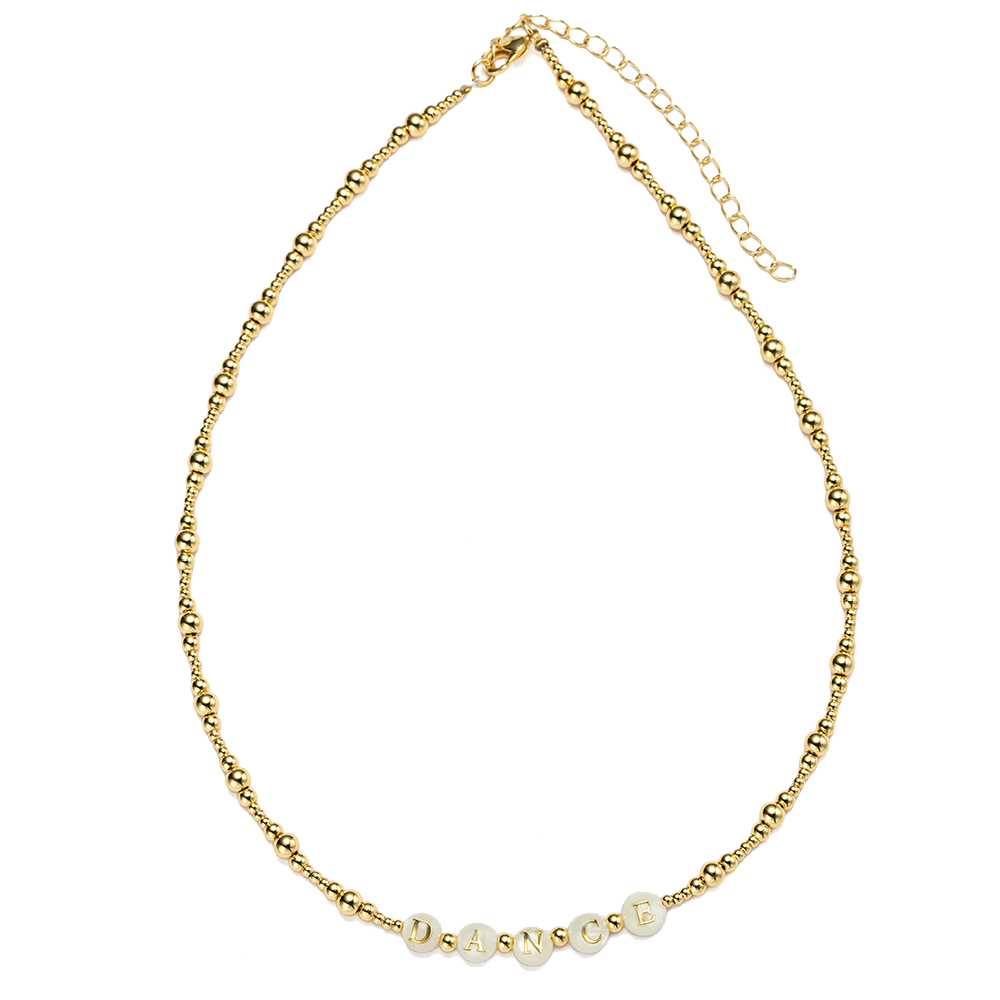 Kids 18k Gold Plated Ball Beaded Necklace with White "Dance" Letters