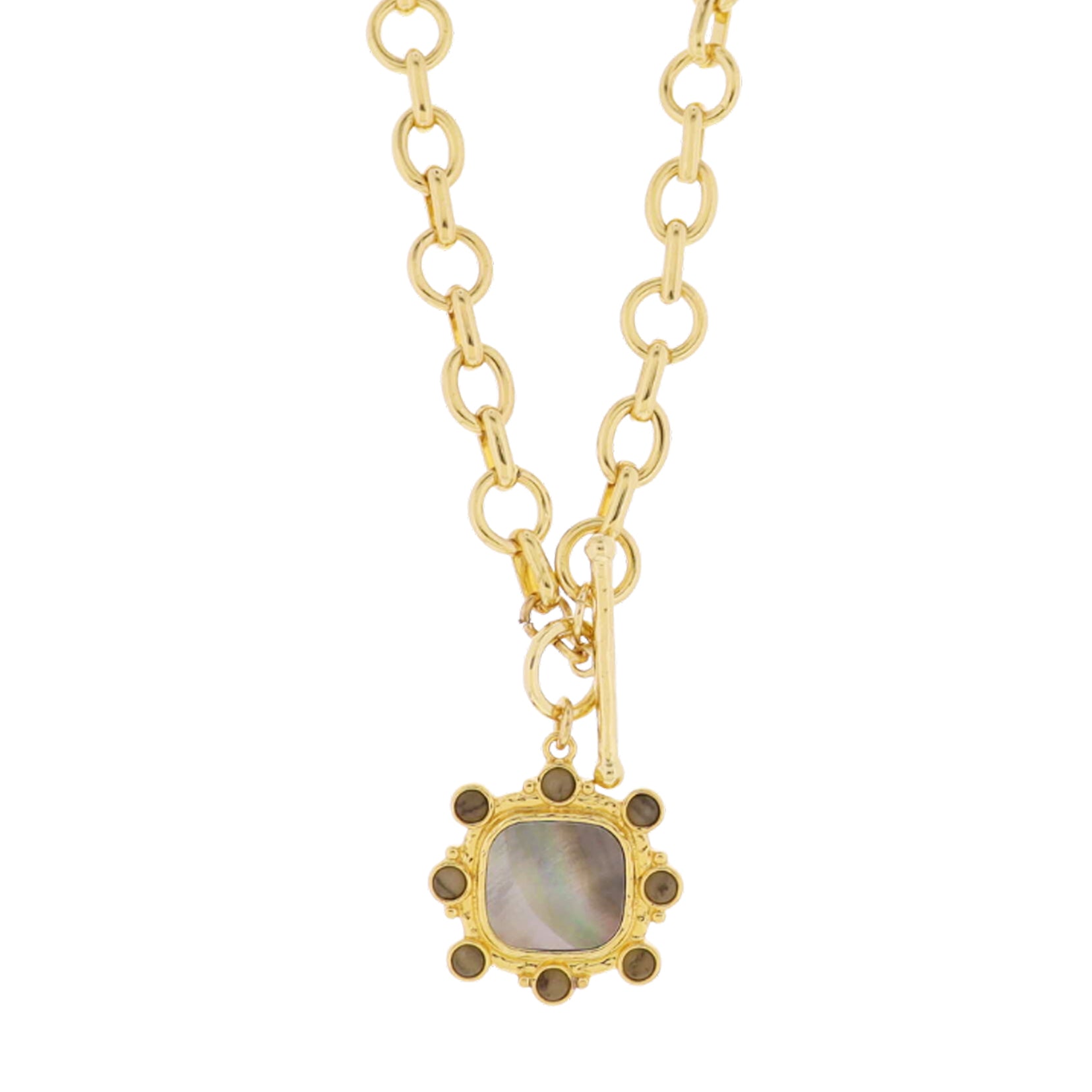 18k Gold Plated Oval Round Chain Necklace with Grey Shell Square with Labrodite Accents
