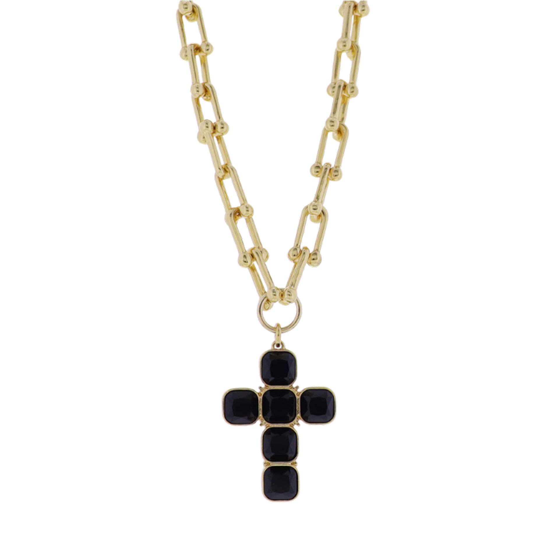 18k Gold Plated U-Shaped Chain Necklace with Jet Crystal Cross