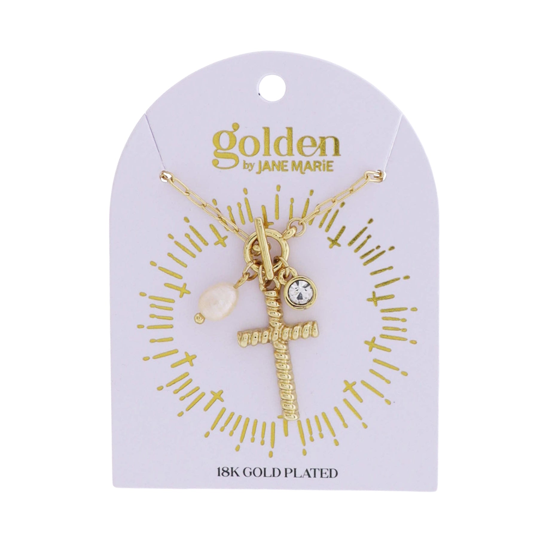 18k Gold Plated Gold Paperclip Chain Necklace with Gold Cross, Pearl, Clear Crystal