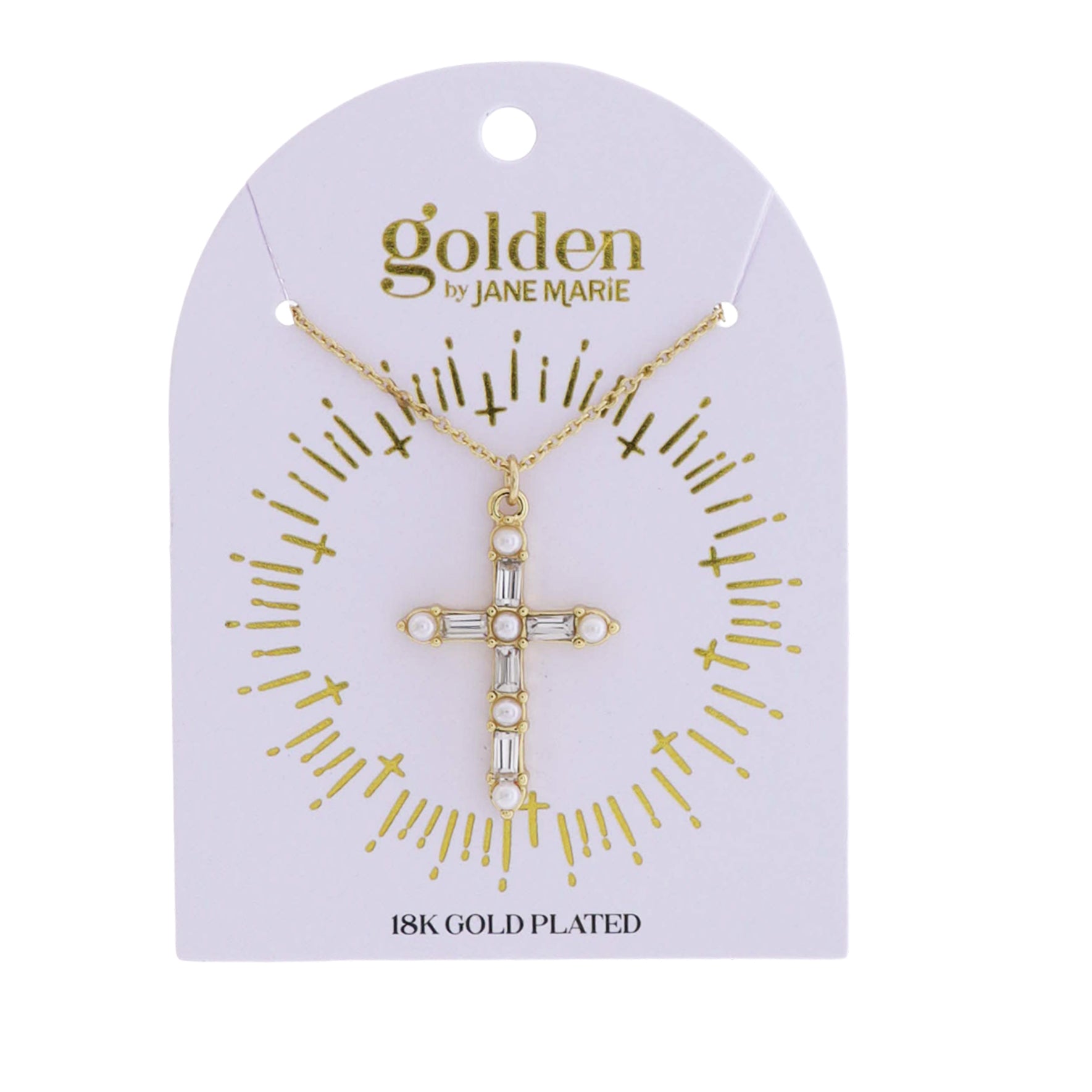 18k Gold Plated Gold Rolo Chain Necklace with Pearl, Crystal Cross