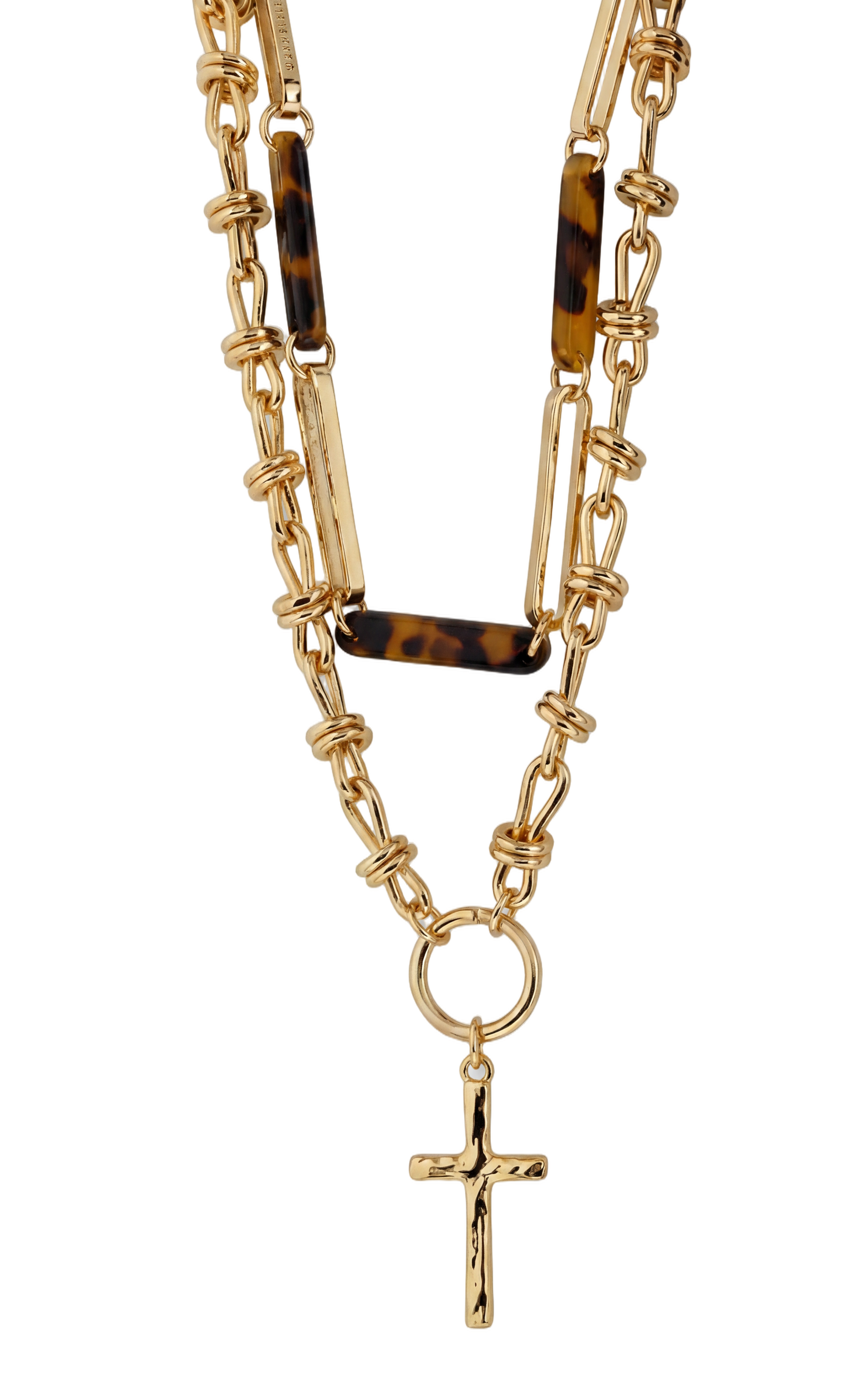 18k Gold Plated Two Strand Gold, Tortoise Knot Chain Necklace with Gold Cross