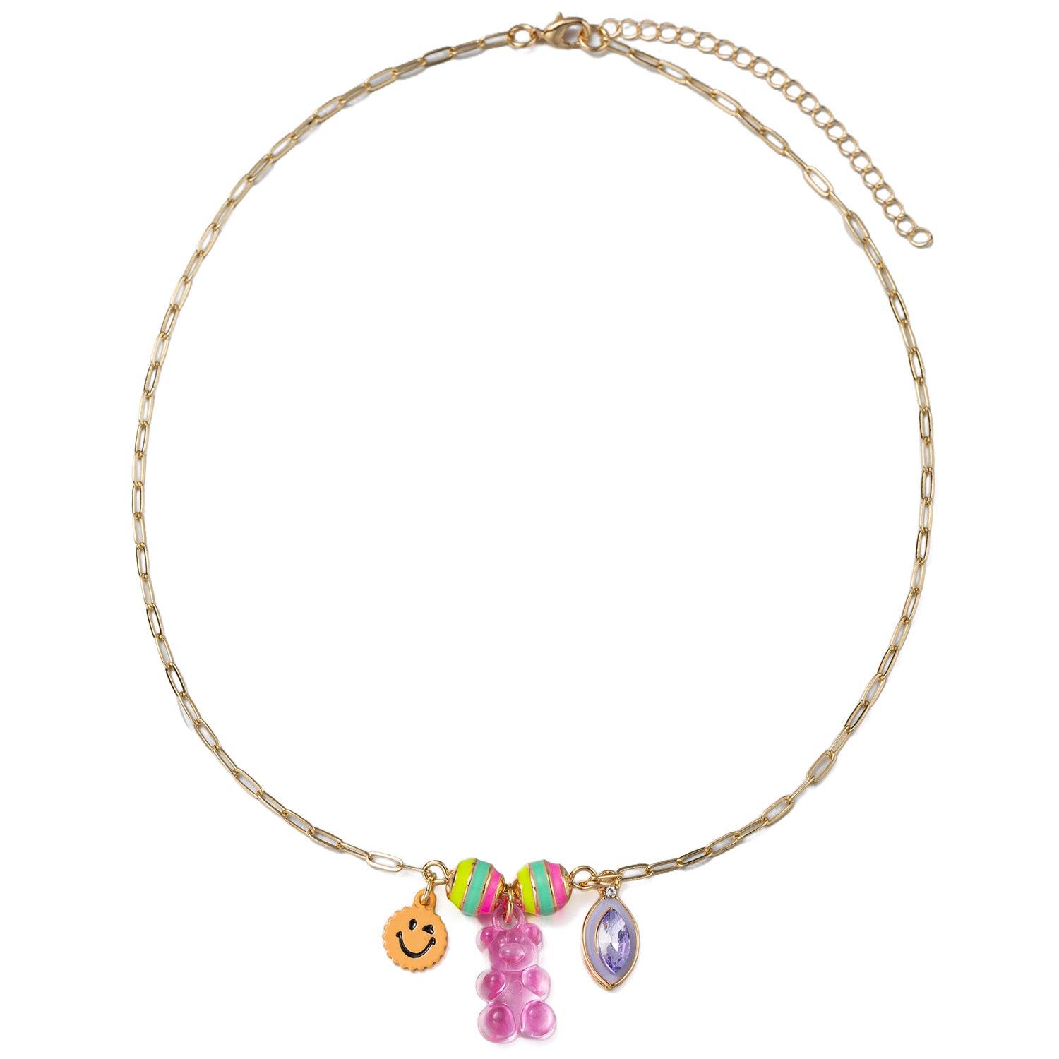 Kids Gold Paperclip Chain Necklace with Gummy Bear, Happy Face, Purple Crystal Charms