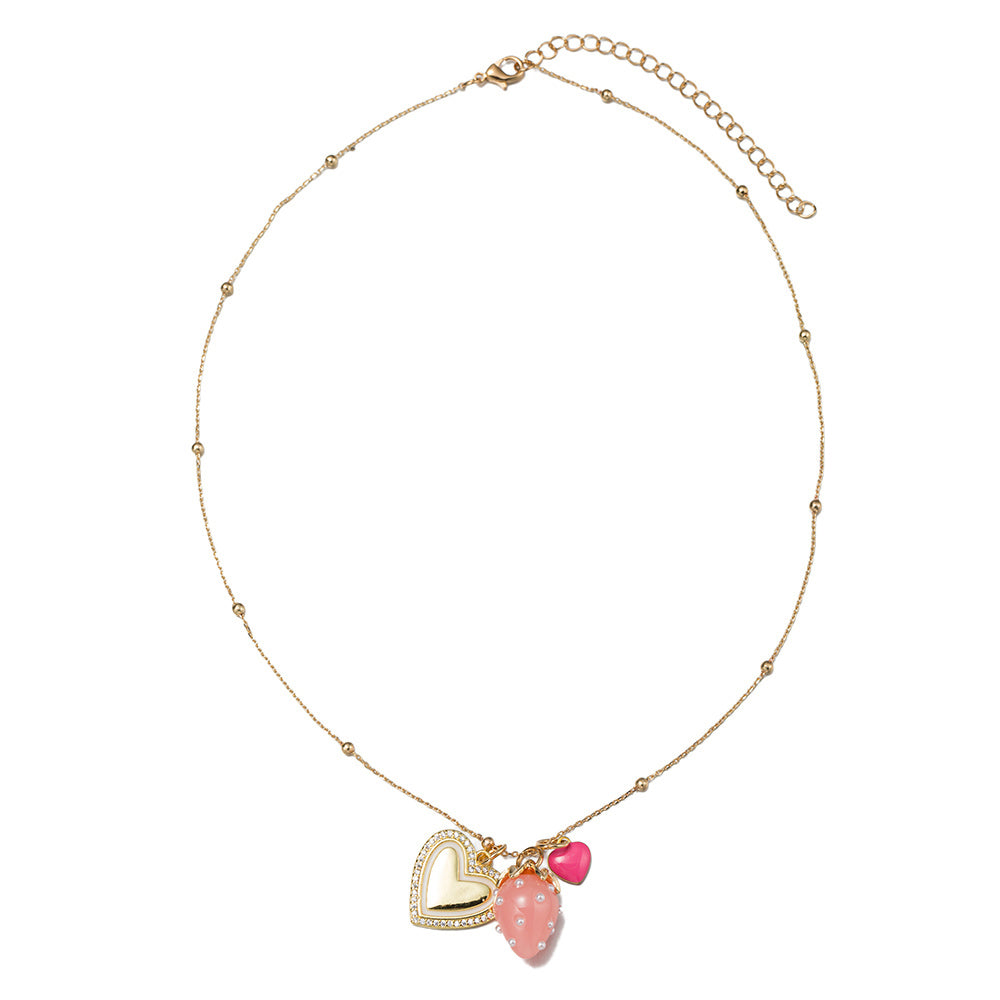 Kids Gold Ballchain Chain Necklace with Strawberry, Pink Heart,Gold Heart Charms