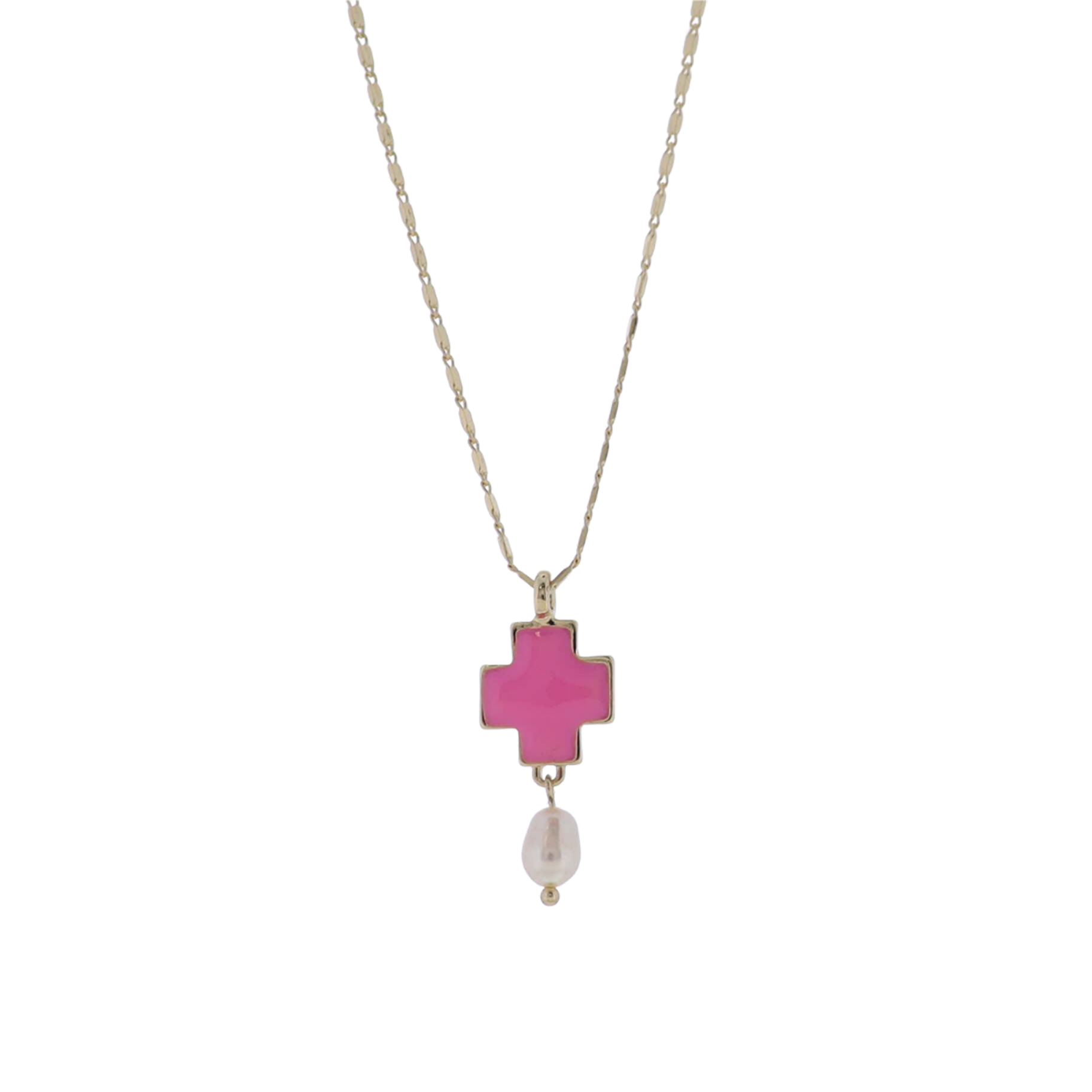 Kids Gold Flat Handmade Chain Pink Cross Necklace with White Pearl
