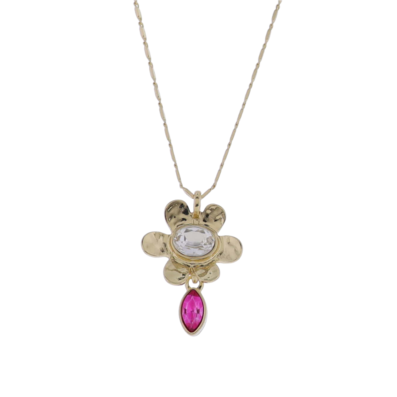 Kids Gold Flat Handmade Chain Gold Flower Necklace with Pink Crystal Teardrop