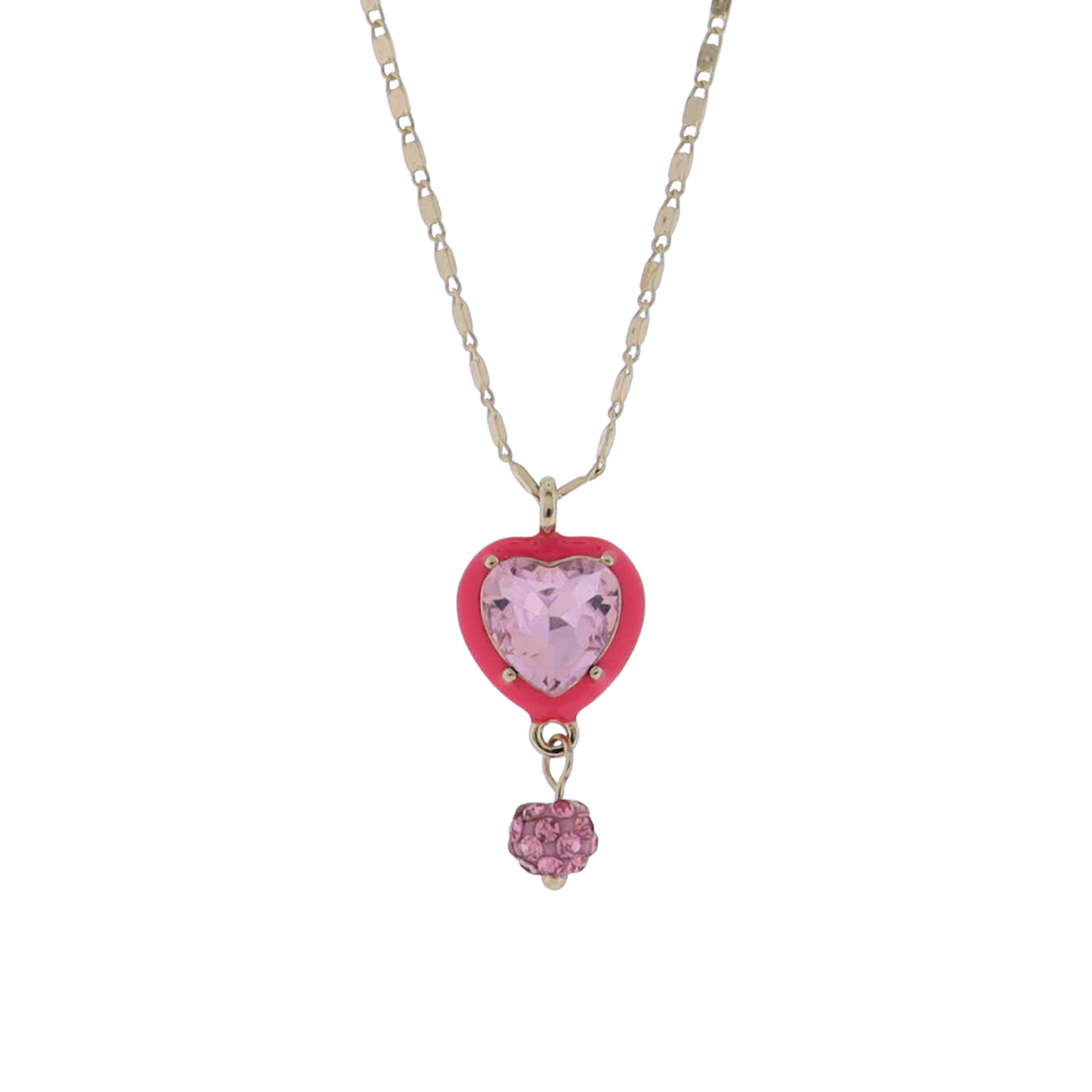 Kids Gold Flat Handmade Chain Pink Crystal Heart Necklace with Pink Crystal Studded Ball