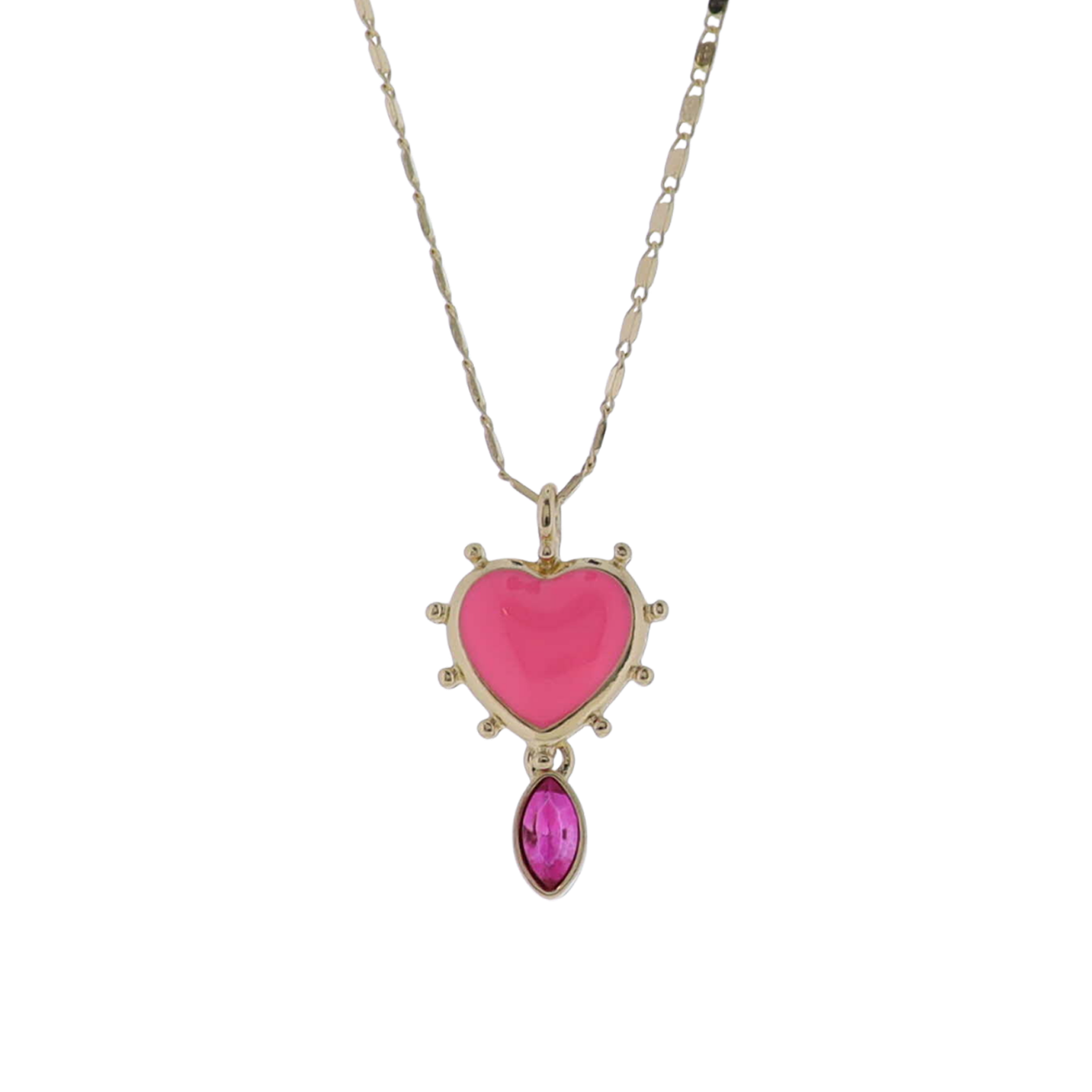 Kids Gold Flat Handmade Chain Gold Studded Pink Heart Necklace with Pink Crystal