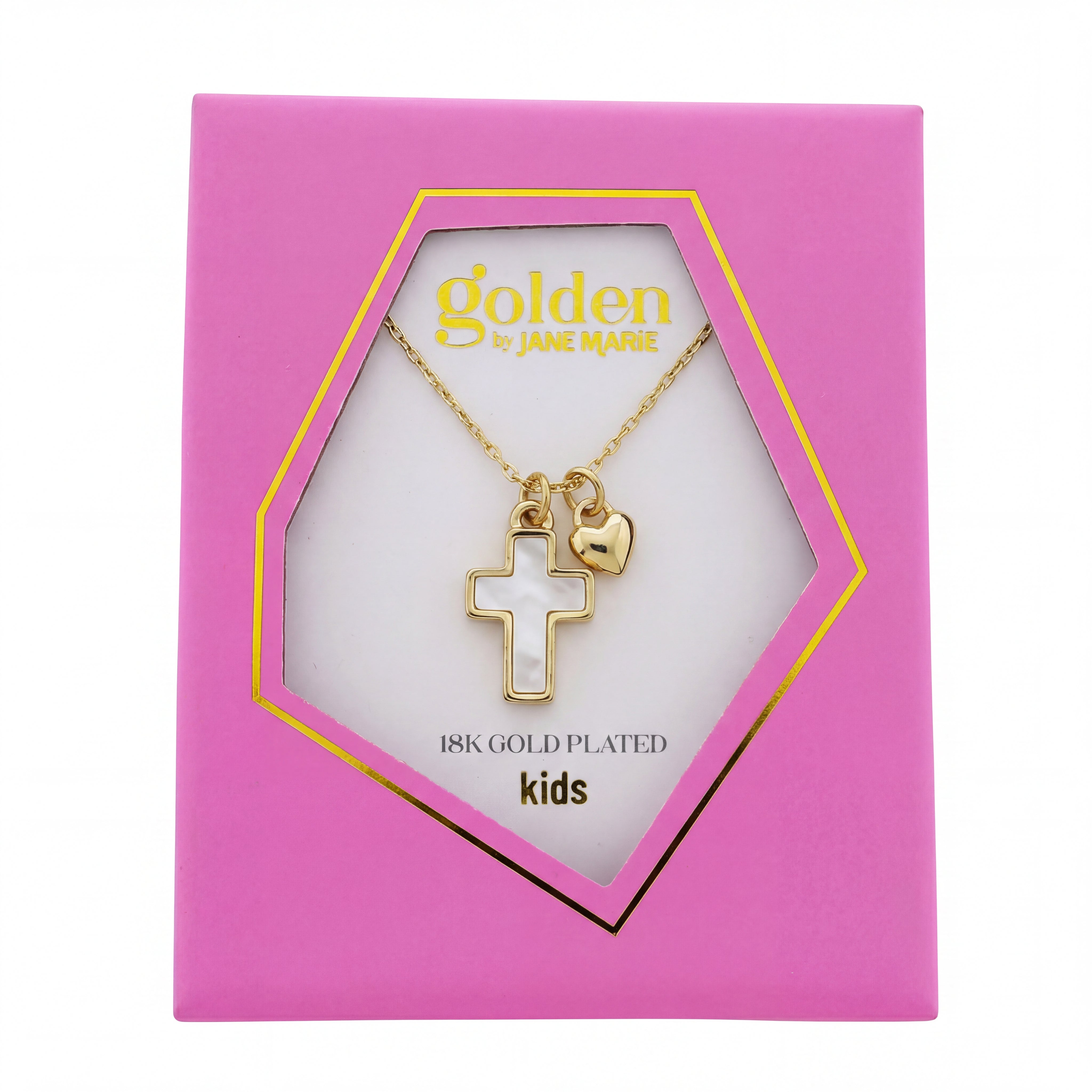 Kids 18k Gold Plated Cable Chain Necklace with Shell Cross & Gold Heart