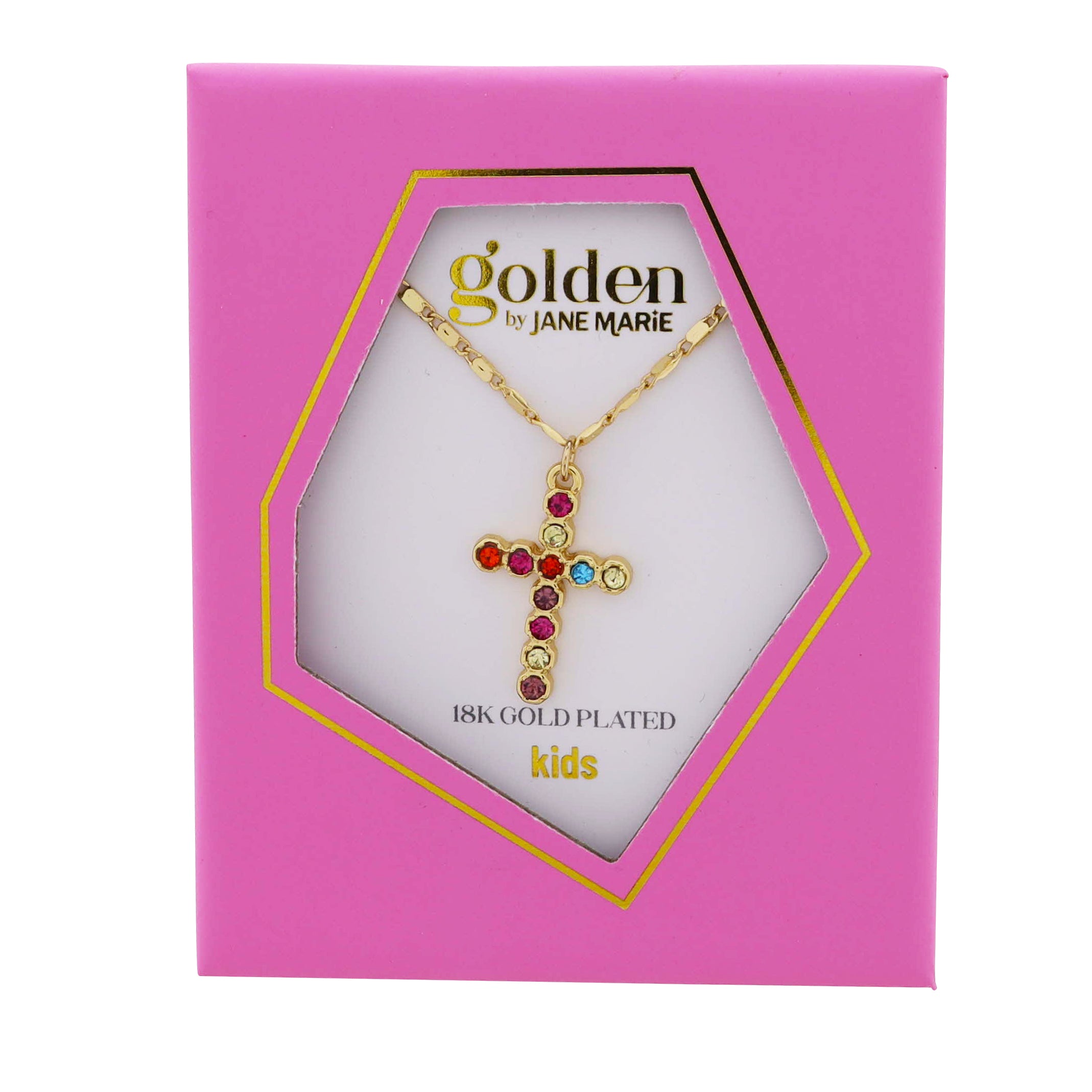 Kids 18k Gold Plated Flat Handmade Chain Necklace with Multi Crystal Cross